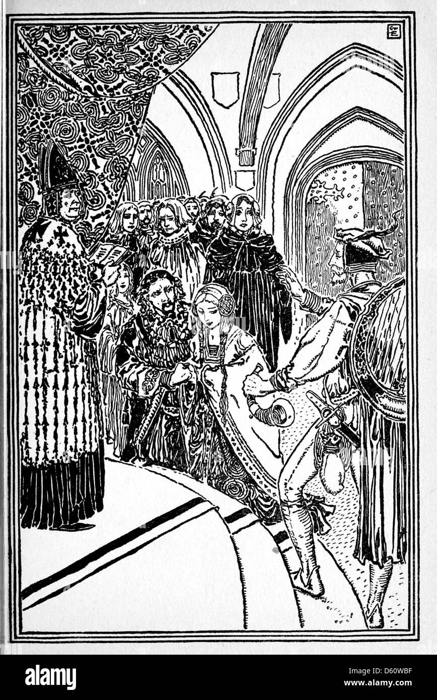 Questa immagine è tratta da "A Book of Old English Ballads" (1910) e presenta un'illustrazione relativa al matrimonio della chiesa, che riflette temi di amore, impegno e tradizione nell'Inghilterra medievale e antica moderna. Foto Stock