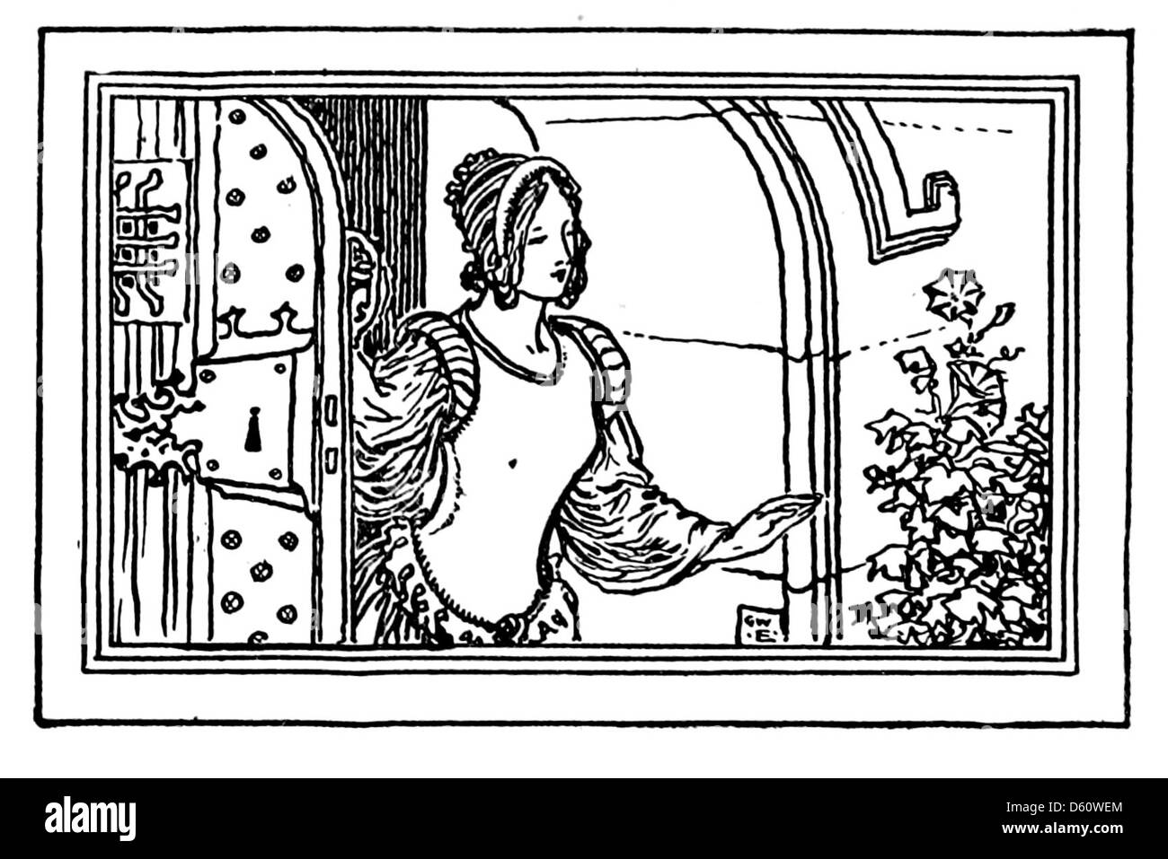 Un'edizione del 1910 di ballate tradizionali inglesi, che catturano canzoni storiche e poesie del patrimonio popolare inglese. Il libro offre una collezione di ballate che riflettono la cultura inglese e le tradizioni narrative, con una scena a porte aperte che mostra una donna, simboleggiando il legame dell'epoca con la vita domestica e culturale. Foto Stock