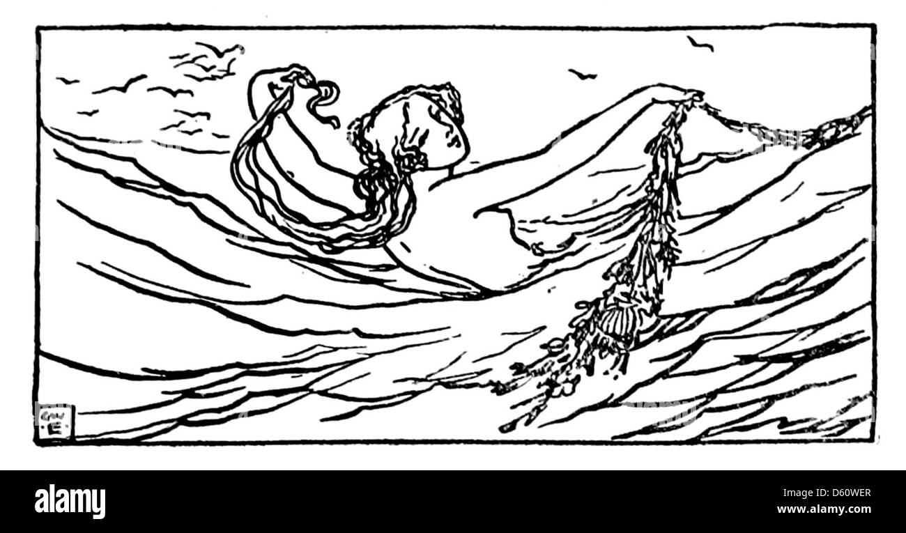 Un'illustrazione tratta da *A Book of Old English Ballads* (1910), raffigurante una donna che nuota in una scena serena. L'immagine completa i temi lirici e nostalgici delle ballate tradizionali inglesi all'interno del libro. Foto Stock