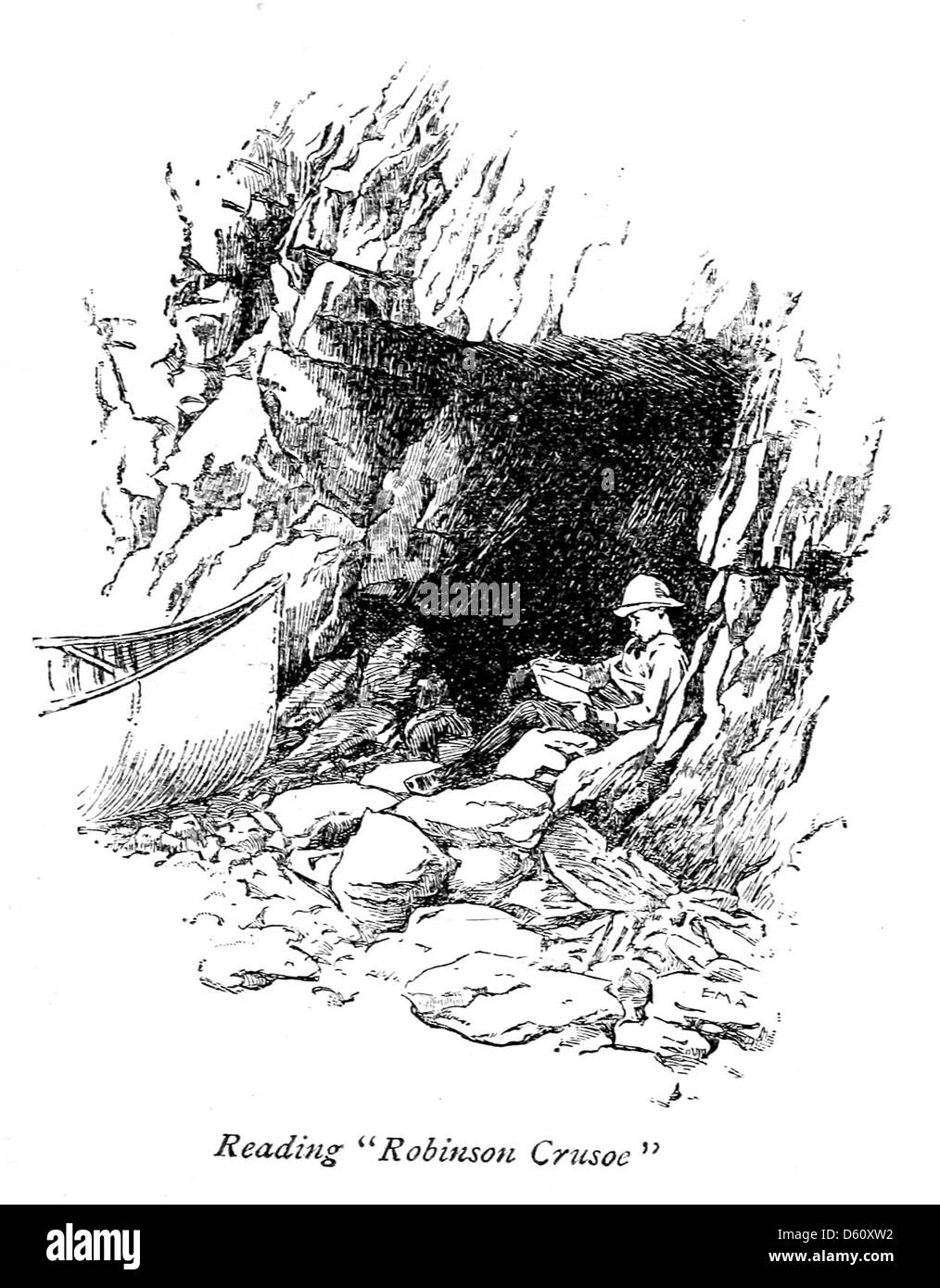 Un'illustrazione tratta da "Un viaggio in canoa in famiglia" (1892), raffigurante una famiglia in canoa che naviga su un fiume o un lago. L'immagine cattura il senso dell'avventura e del legame familiare, mostrando la popolare attività all'aperto della canoa alla fine del XIX secolo. Foto Stock