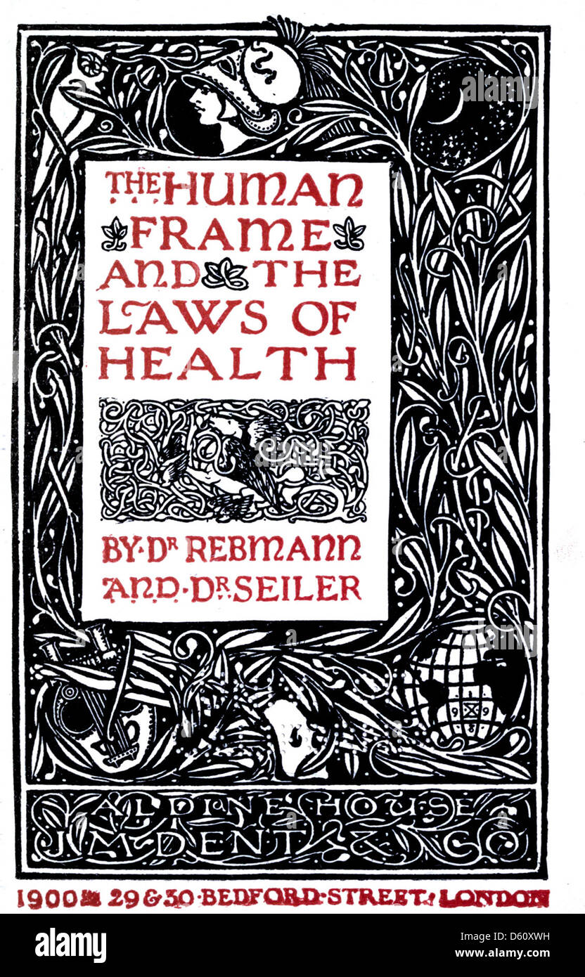 Questa immagine tratta dalla pubblicazione del 1900 "The Human Frame and the Laws of Health" presenta un disegno dettagliato dei bordi che circonda contenuti medici o anatomici. Il libro mirava a educare i lettori sulla salute umana e sulla struttura del corpo. Foto Stock