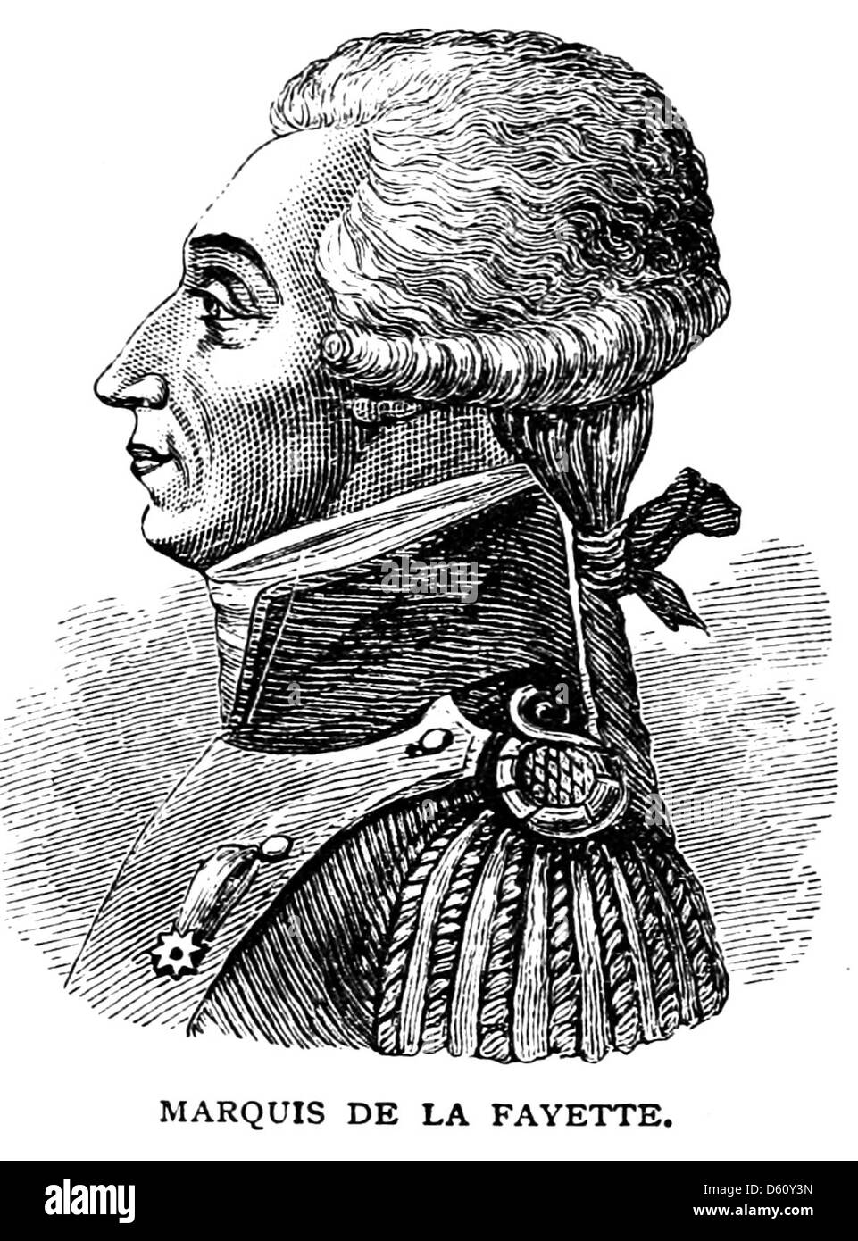 Questa immagine del 1872 fa parte di "Una breve storia degli Stati Uniti" e presenta un ritratto del marchese de Lafayette, una figura chiave della rivoluzione americana. L'immagine riflette il suo ruolo importante nella storia americana, in particolare il suo contributo alla guerra d'indipendenza come alleato di George Washington. Foto Stock