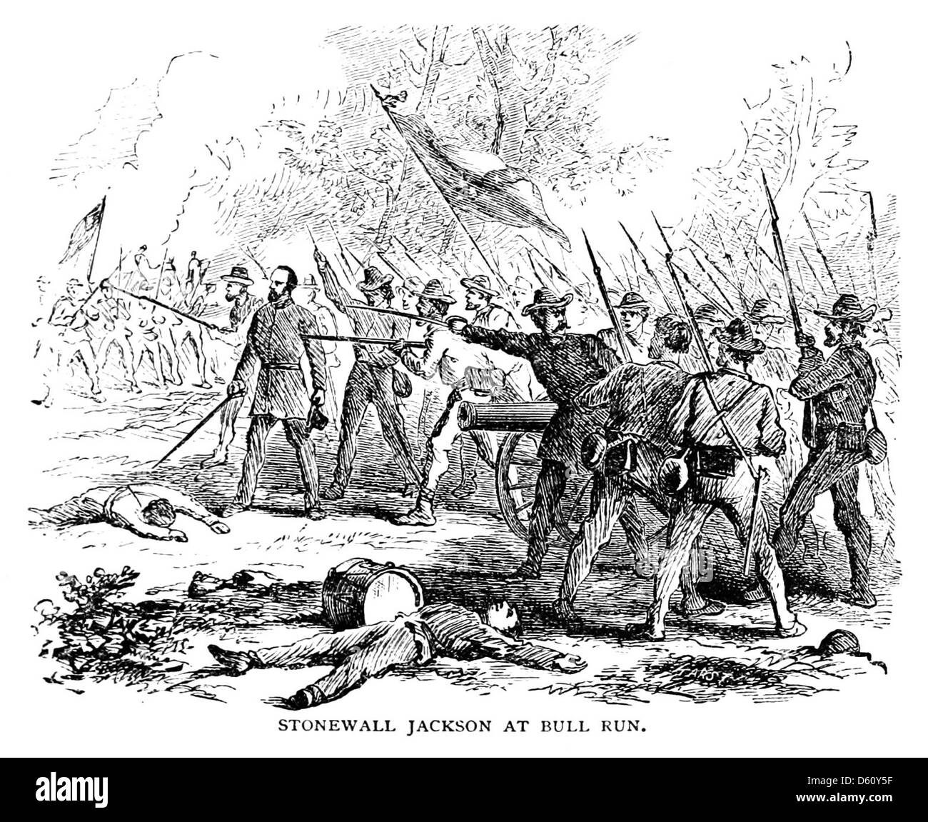 Questa immagine del 1872 illustra un momento chiave nella storia americana, facendo riferimento alla battaglia di Bull Run durante la guerra civile americana. Stonewall Jackson, un generale confederato, è raffigurato come una delle figure di spicco della battaglia, che fu un conflitto significativo nelle prime fasi della guerra. Foto Stock