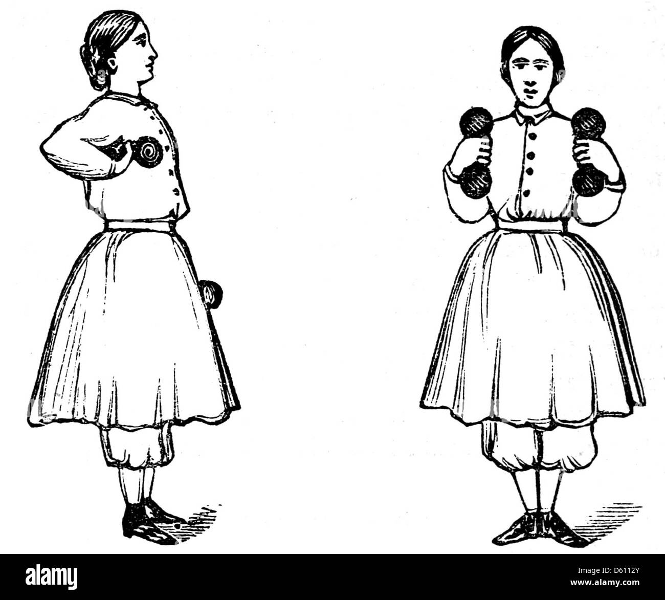 Un manuale 1864 con esercizi ginnici e manubri adatti sia per l'aula che per la casa. L'immagine mette in evidenza gli approcci all'inizio del XIX secolo alla forma fisica e all'esercizio fisico. Foto Stock
