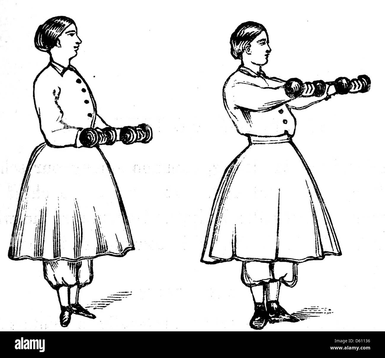 Questa immagine è tratta da un manuale del 1864 che offre istruzioni per gli esercizi ginnici gratuiti e le routine di manubrio, progettato per l'uso sia in aula che a casa. Foto Stock