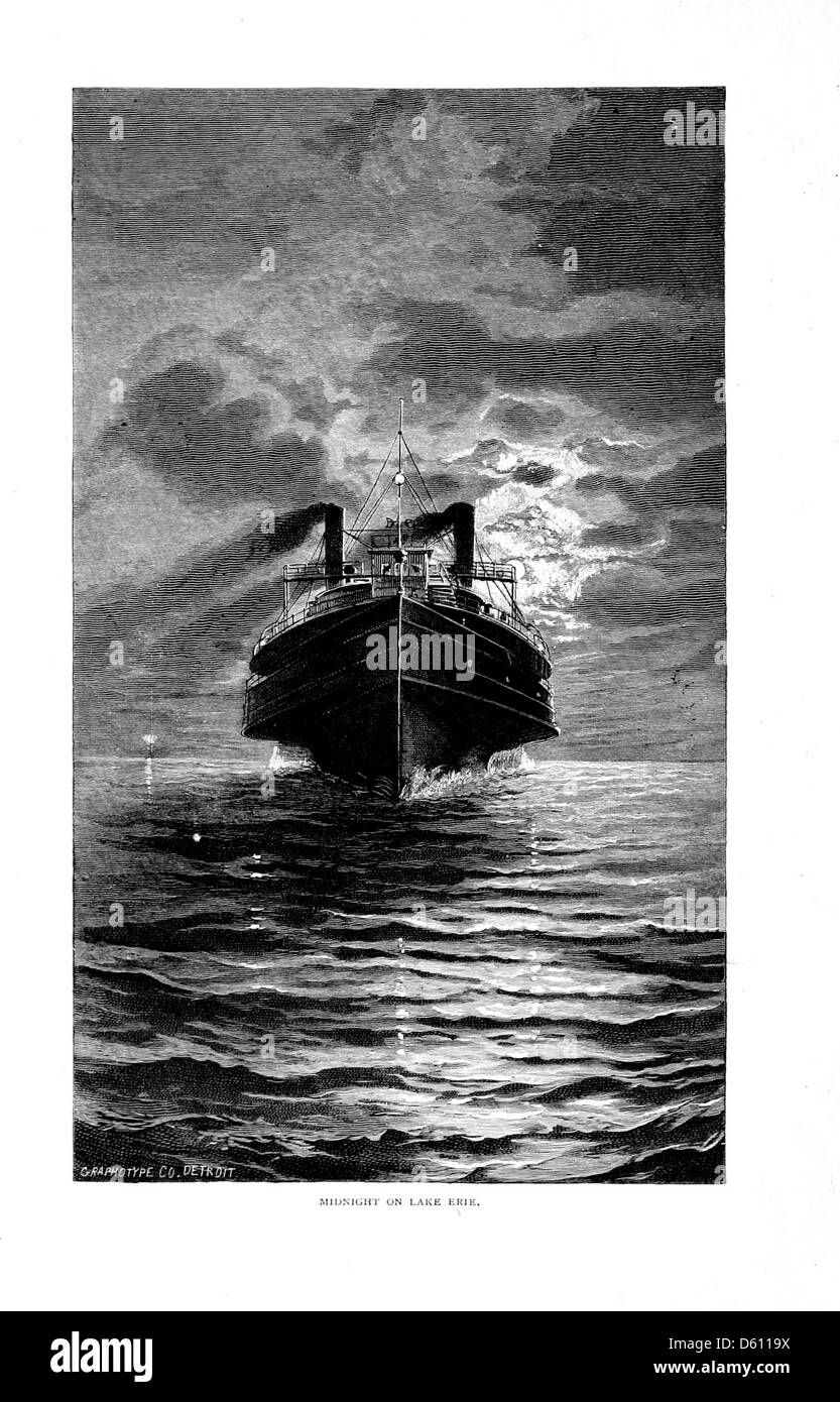Questa guida turistica del 1890 promuove un tour panoramico del lago all'isola di Mackinac tramite il traghetto D. & C. Mette in risalto i pittoreschi paesaggi e le serene vedute al chiaro di luna del lago Erie, offrendo un viaggio rilassante e panoramico attraverso la regione dei grandi Laghi. Foto Stock