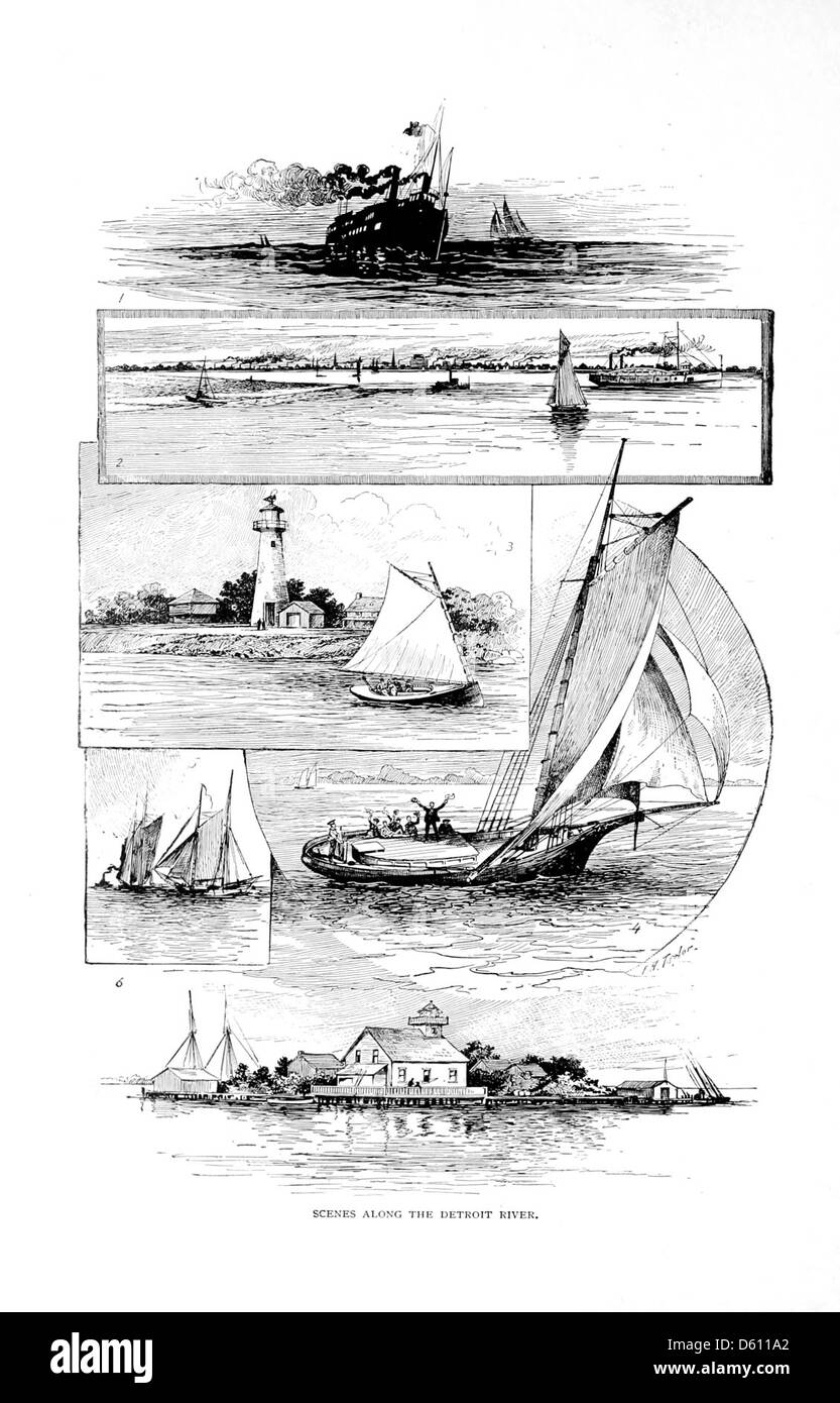 Questa immagine del 1890 mostra un tour panoramico di Mackinac Island, accessibile tramite la ferrovia Detroit and Cleveland Railroad. L'illustrazione cattura la pittoresca bellezza dell'isola, conosciuta per i suoi siti storici e i paesaggi naturali. Foto Stock