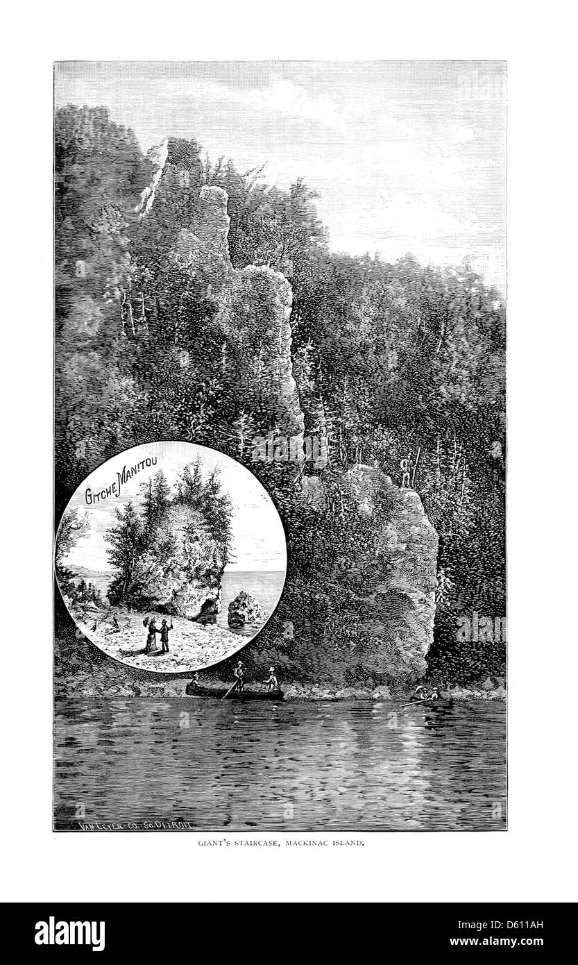 Un'immagine di 1890 immagini che mostra un tour del lago a Mackinac Island, che mette in evidenza la Scala di Grant, un punto di riferimento sull'isola che offre una vista panoramica dell'area circostante. Foto Stock