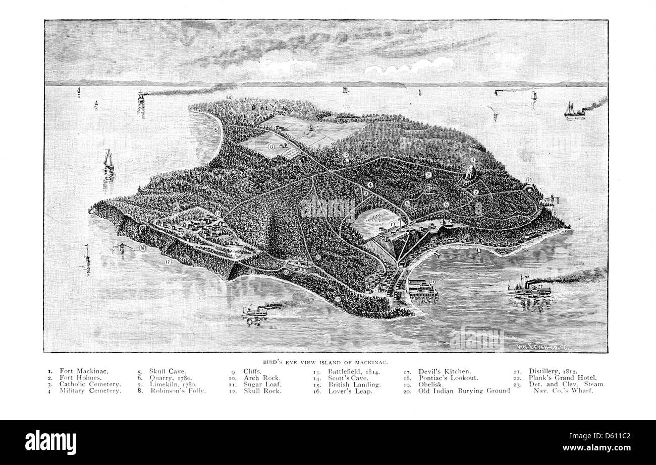 Questa immagine del 1890 mostra un tour panoramico del lago a Mackinac Island attraverso la Detroit and Cleveland Navigation Company, offrendo una vista pittoresca di una delle più famose destinazioni turistiche del Michigan. Foto Stock