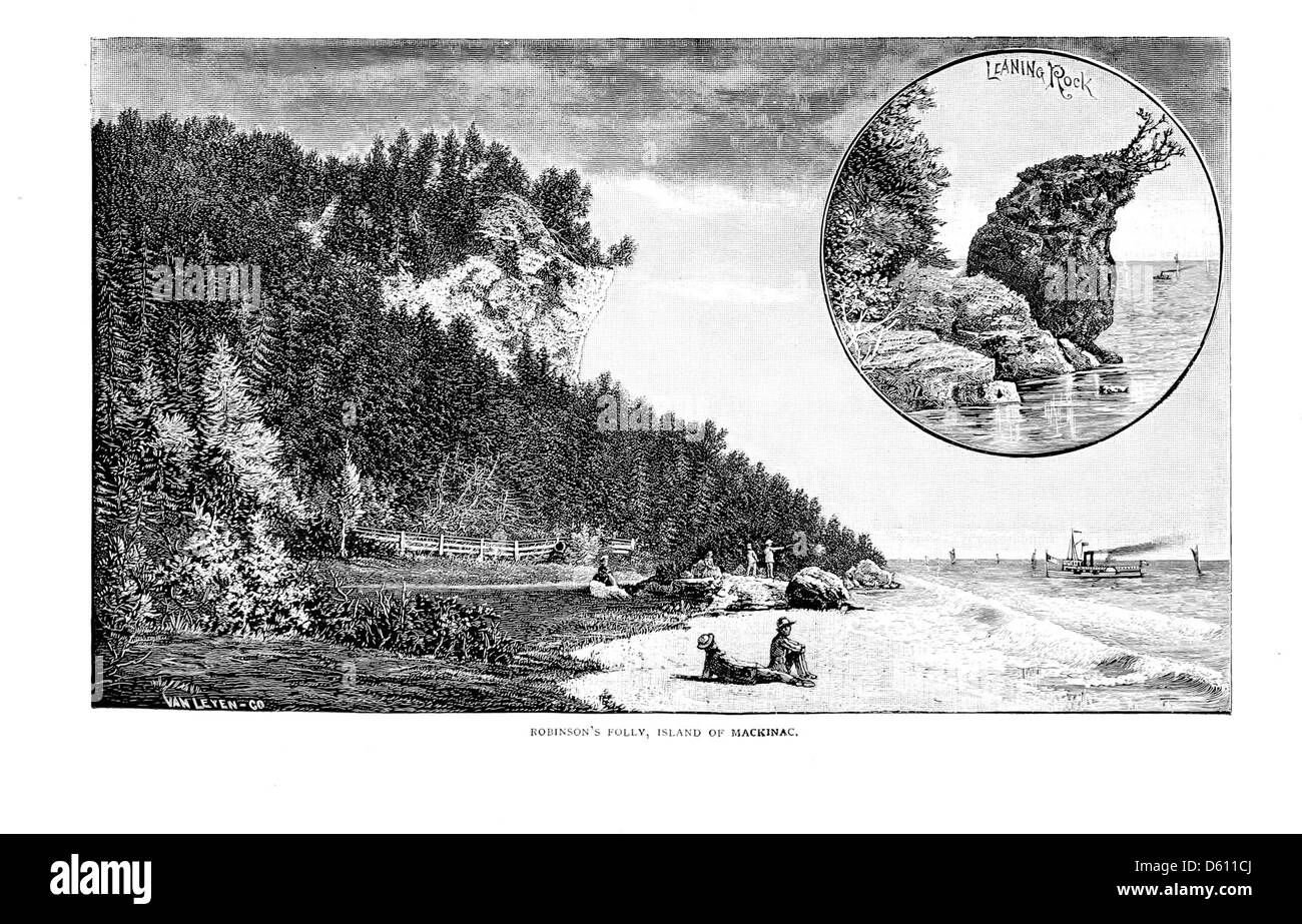 Una fotografia o un'illustrazione del 1890 che raffigura un tour panoramico del lago a Mackinac Island, Michigan, attraverso la Detroit & Cleveland Navigation Company (D. & C.). L'immagine include vedute dell'isola di Mackinac, con un notevole riferimento a "Robinson's Folly", un punto di riferimento storico. Foto Stock