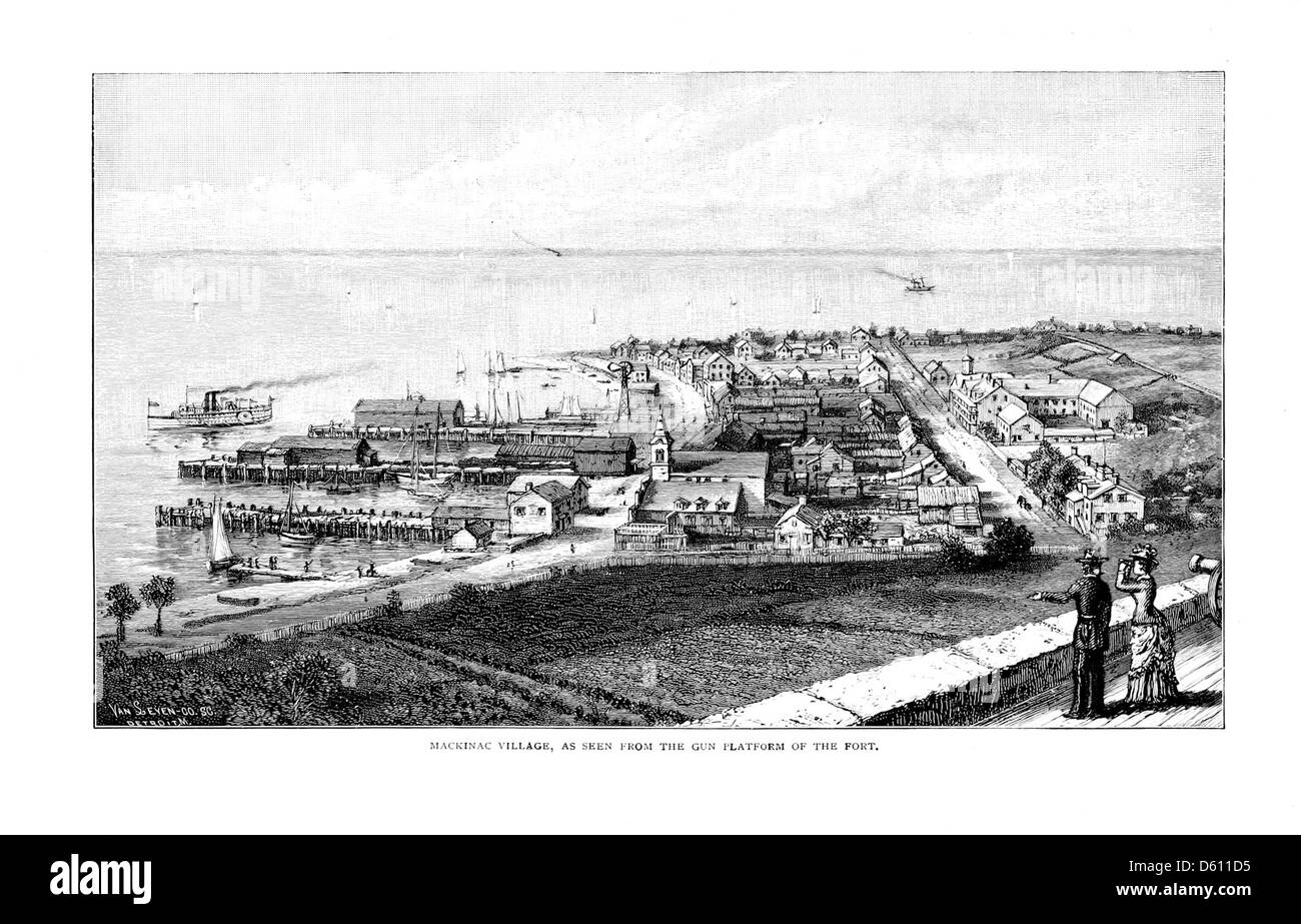 Questa immagine del 1890 mostra un tour panoramico del lago verso l'isola di Mackinac, una destinazione popolare nella regione dei grandi Laghi. Il tour, gestito dalla Detroit & Cleveland Navigation Company, mette in evidenza i pittoreschi paesaggi e il fascino storico dell'isola di Mackinac. Foto Stock