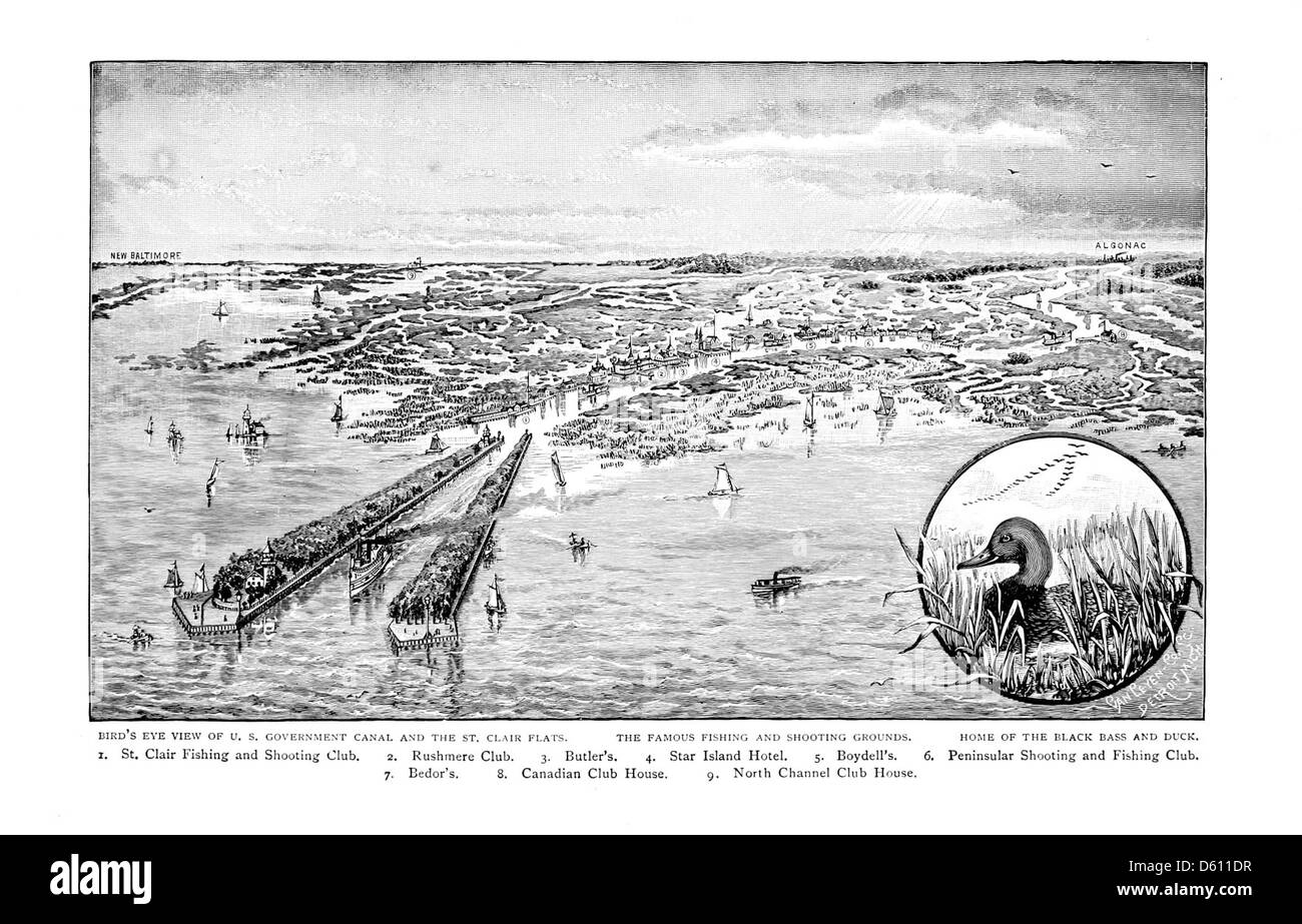 Questa immagine del 1890 mostra un tour panoramico del lago fino a Mackinac Island, passando attraverso le distese di St. Clair. La fotografia riflette la popolarità del viaggio in barca attraverso i grandi Laghi e i pittoreschi paesaggi del Michigan. Foto Stock