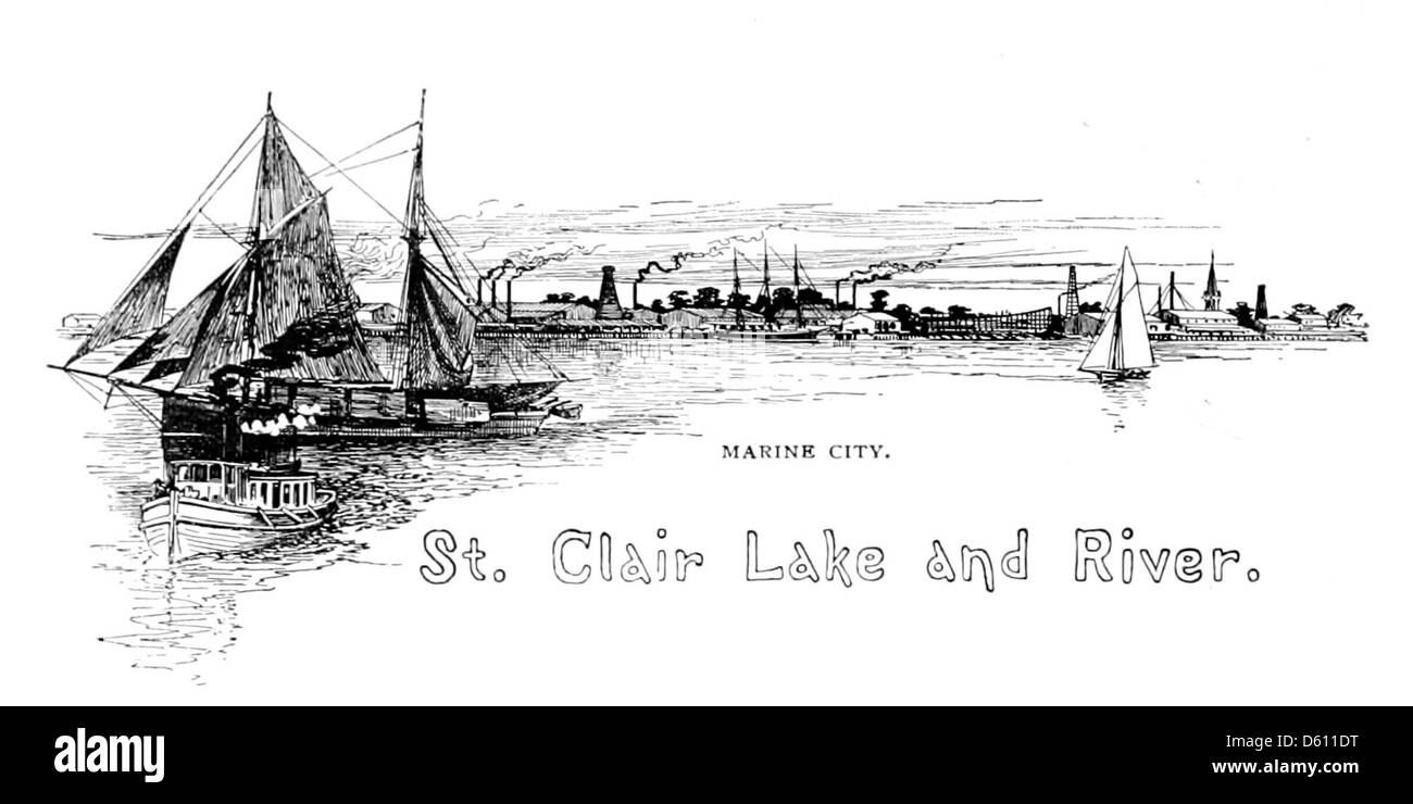Una fotografia storica del 1890, che raffigura un tour panoramico del lago St. Clair sulla strada per Mackinac, attraverso la D. & C. (Detroit e Cleveland) Steamship Line. L'immagine mette in evidenza i pittoreschi paesaggi del lago, mostrando la sua bellezza naturale e la sua popolarità come percorso di viaggio durante la fine del XIX secolo. Foto Stock