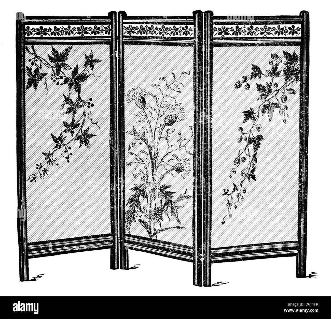 Questo libro del 1886 mostra intricati motivi di ricamo di seta, offrendo incisioni dettagliate che servono da guida per le donne interessate ai ricami artistici. Il libro riflette l'alta qualità dell'artigianato popolare alla fine del XIX secolo. Foto Stock