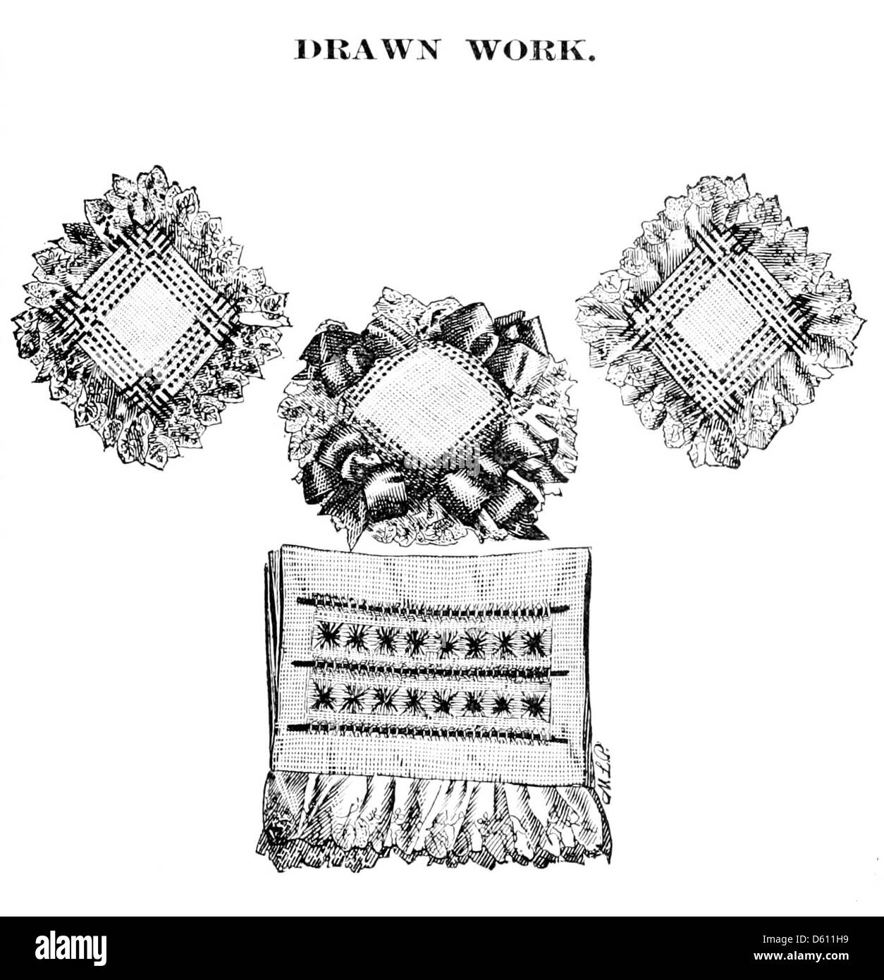 Questo libro del 1886 espone ricami artistici in seta, con motivi incisi progettati per complesse tecniche di lavorazione dell'ago. I motivi evidenziano disegni dettagliati destinati all'uso in progetti di ricamo di seta di alta qualità. Foto Stock