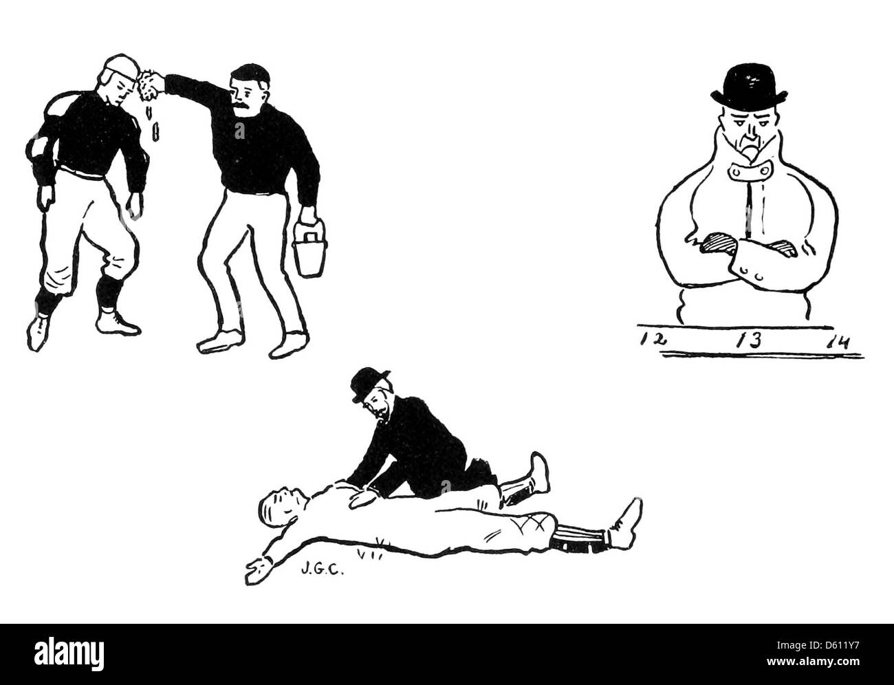 Questa immagine del 1902 tratta da "Un alfabeto di Harvard" mostra gli studenti universitari impegnati in varie attività, come il calcio, che rappresentano la vita degli studenti all'Università di Harvard. L'illustrazione mette in evidenza la vivacità e la cultura accademica dell'istituzione alla fine del XX secolo. Foto Stock