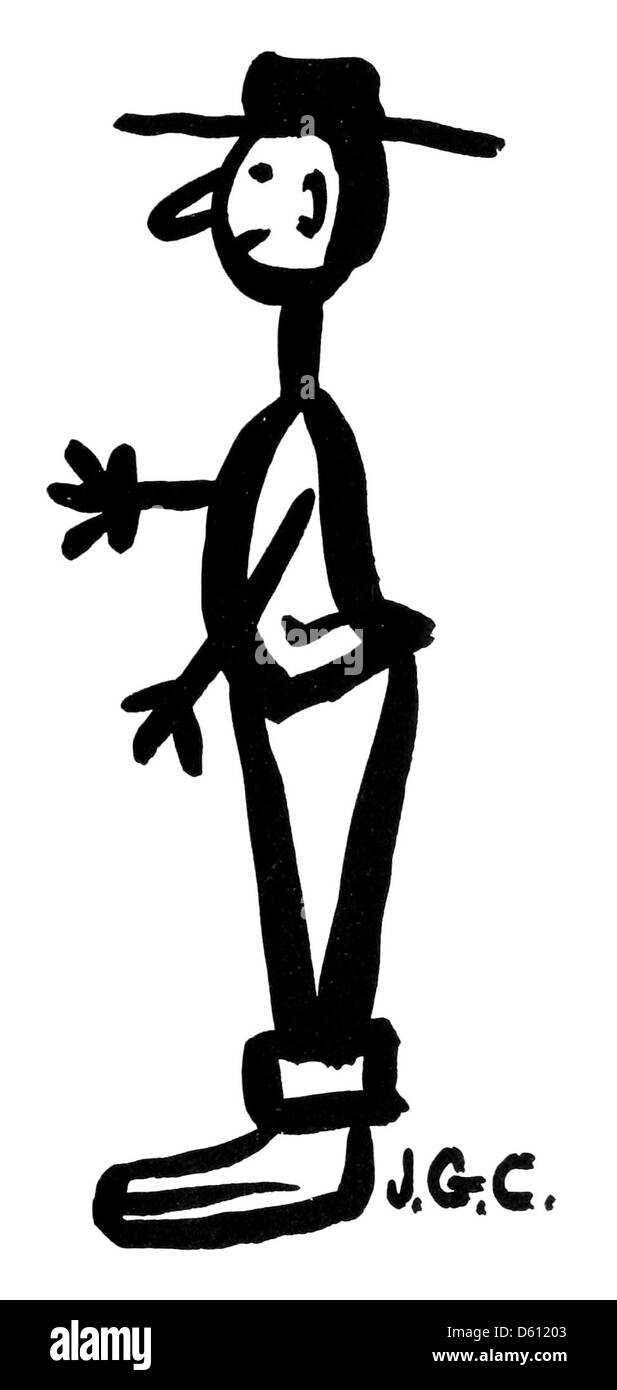 Questa immagine del 1902 di "A Harvard Alphabet" mostra un disegno di un bambino di una figura bastonata, che illustra umoristicamente il mondo degli studenti universitari di Harvard. Il disegno semplice e giocoso contrasta con la serietà dell'ambiente universitario. Foto Stock