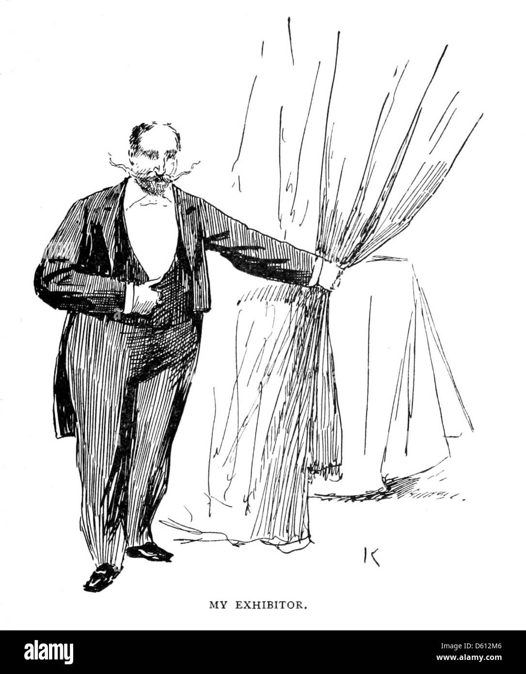 Questa immagine, intitolata "Un francese in America", mostra un francese in un smoking davanti a un sipario, che offre uno sguardo sull'abbigliamento alla moda del tempo. Riflette lo scambio interculturale tra la Francia e l'America all'inizio del XX secolo, sottolineando l'eleganza sartoriale di entrambi i paesi. Foto Stock