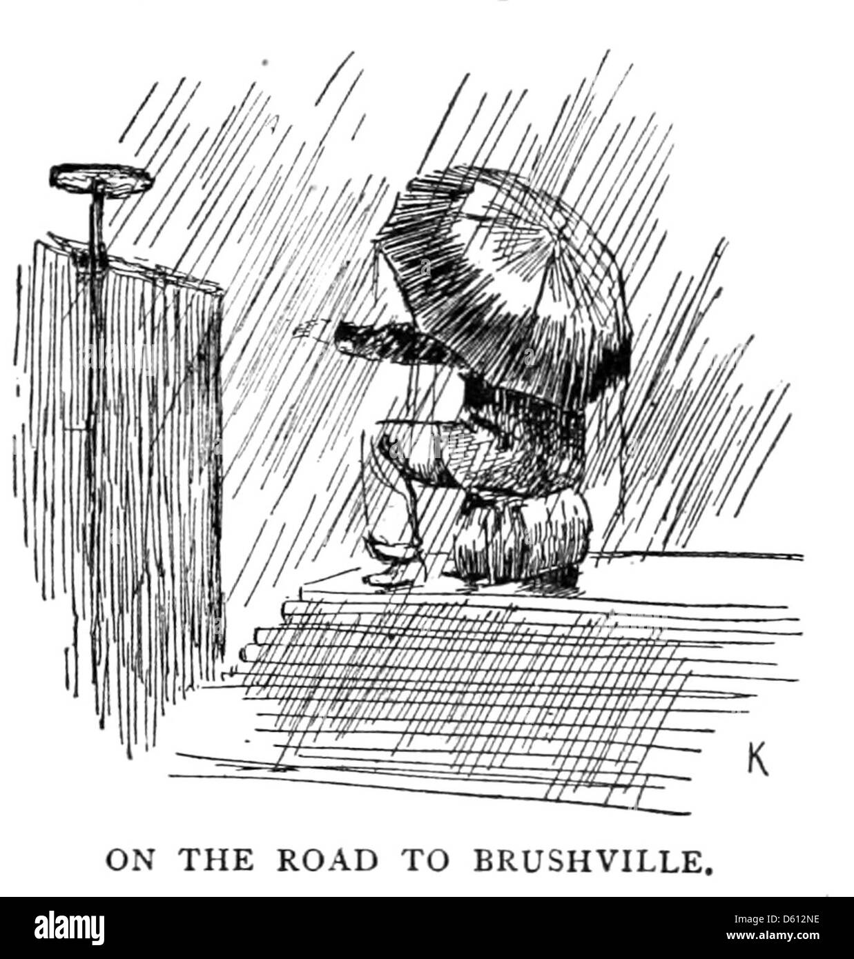 Questa immagine raffigura un francese in America, catturato sotto la pioggia e che usa un ombrello per la protezione, simboleggiando la fusione della cultura francese con la vita americana all'inizio del XX secolo. Foto Stock