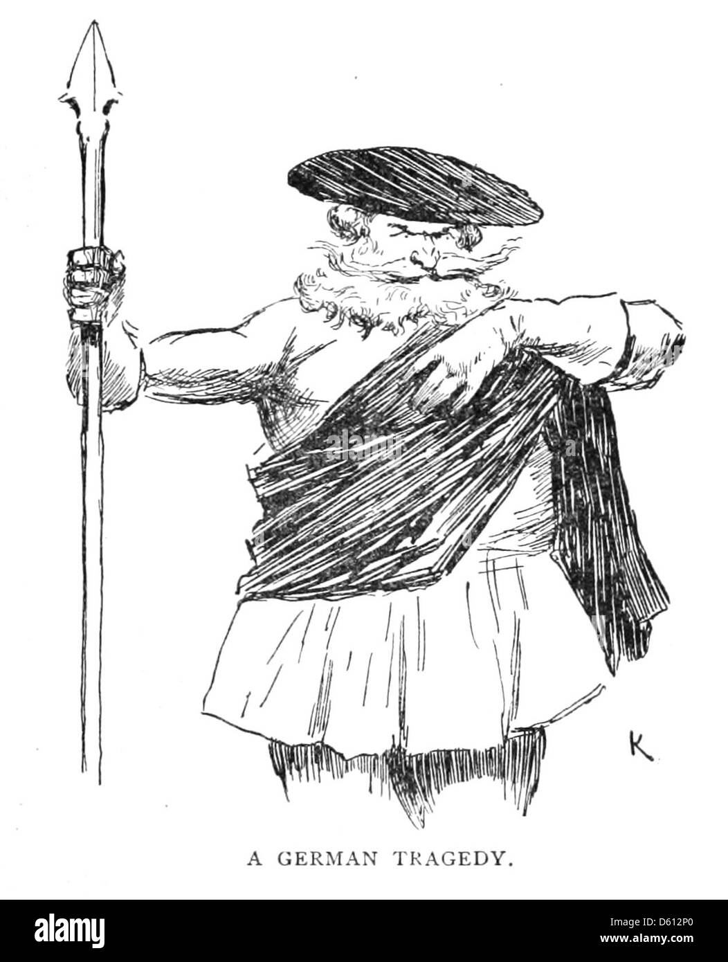 Un'immagine di un francese in America, probabilmente raffigurante una figura storica o una scena nei primi giorni della presenza francese in Nord America, che potrebbe implicare attività di esplorazione o militari. L'inclusione di una lancia indica l'associazione del soggetto con la prima storia americana o coloniale. Foto Stock
