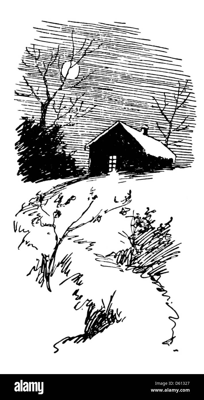 Questa fotografia del 1900 mostra una galleria di contadini che hanno posato di fronte a una cabina durante l'inverno, con la luna che illumina il paesaggio innevato, offrendo uno scorcio della vita rurale all'inizio del XX secolo. Foto Stock