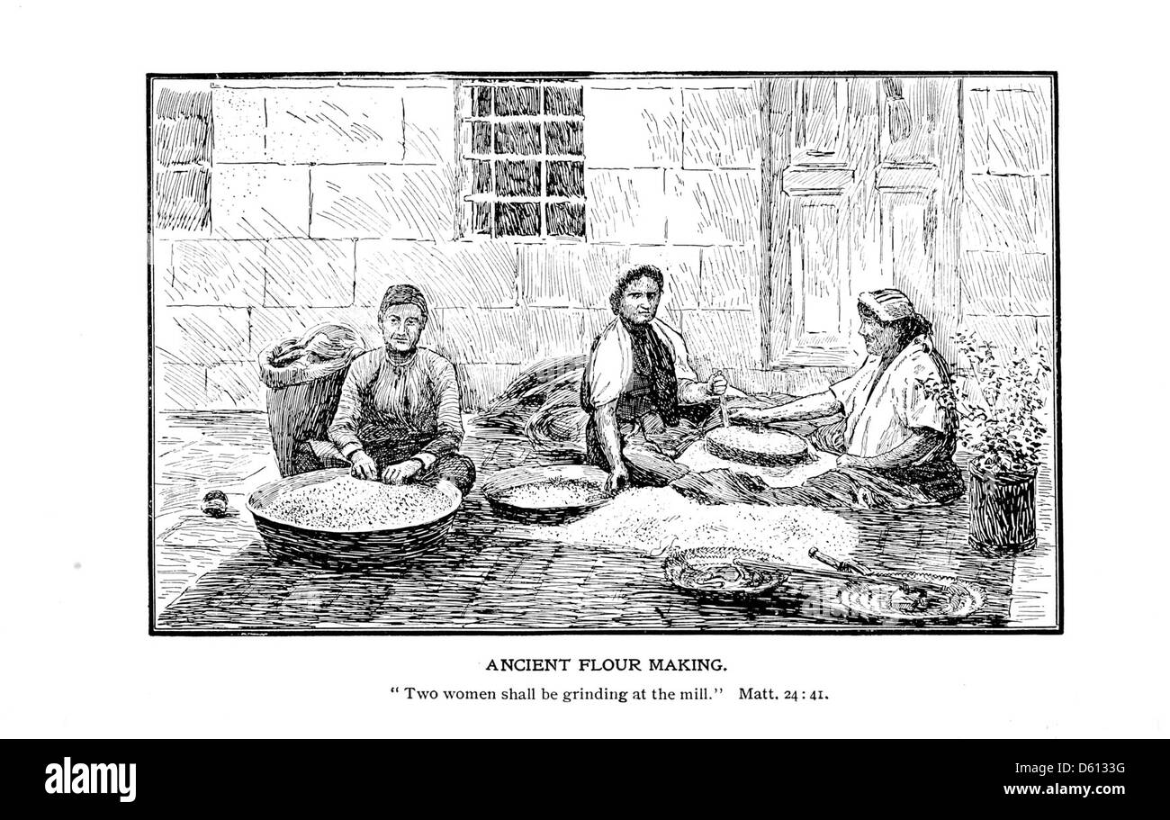 Questo libro del 1899 illustra le antiche tecniche di produzione della farina, fornendo uno sguardo storico sui primi metodi di produzione alimentare e su come la farina veniva lavorata prima dei macchinari moderni. Foto Stock