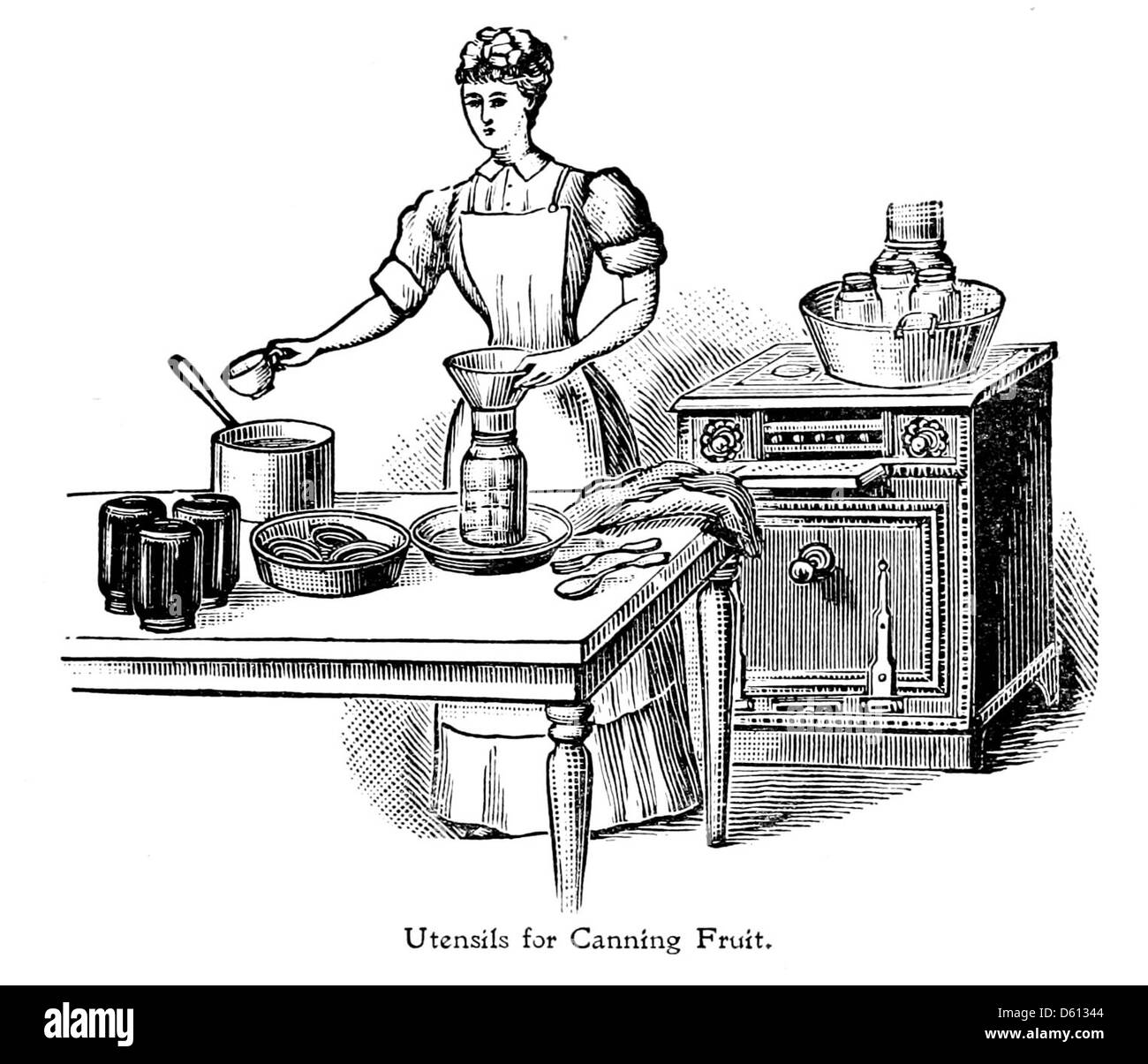 Un libro di cucina del 1899 sulla frutta in scatola, che offre consigli pratici per preservare i prodotti stagionali. L'immagine mostra il processo di inscatolamento della frutta, un metodo comune per la conservazione degli alimenti in quel momento. Foto Stock