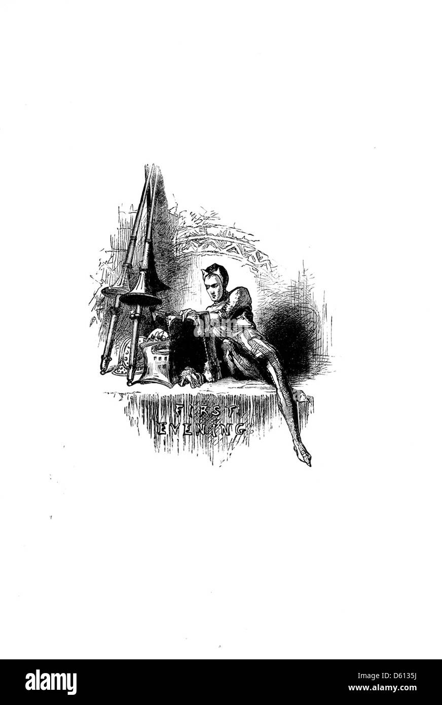 Questa immagine del 1876 ritrae un cavaliere in armatura completa, che brandisce una lancia, simboleggiando temi cavallereschi durante un festival di canzoni. L'evento ha celebrato i più grandi poeti della lingua inglese, mescolando tradizione letteraria con immagini medievali. Foto Stock
