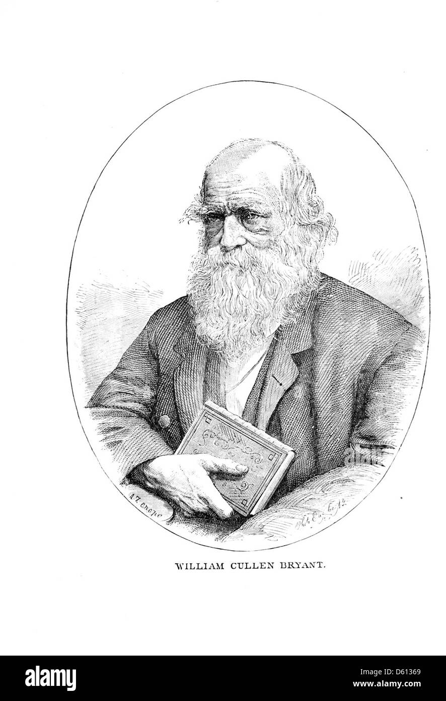 Un'illustrazione tratta da "A Festival of Song" (1876), con un ritratto di William Cullen Bryant, uno dei più grandi poeti in lingua inglese. L'immagine riflette la riverenza per la poesia e la cultura letteraria alla fine del XIX secolo. Foto Stock