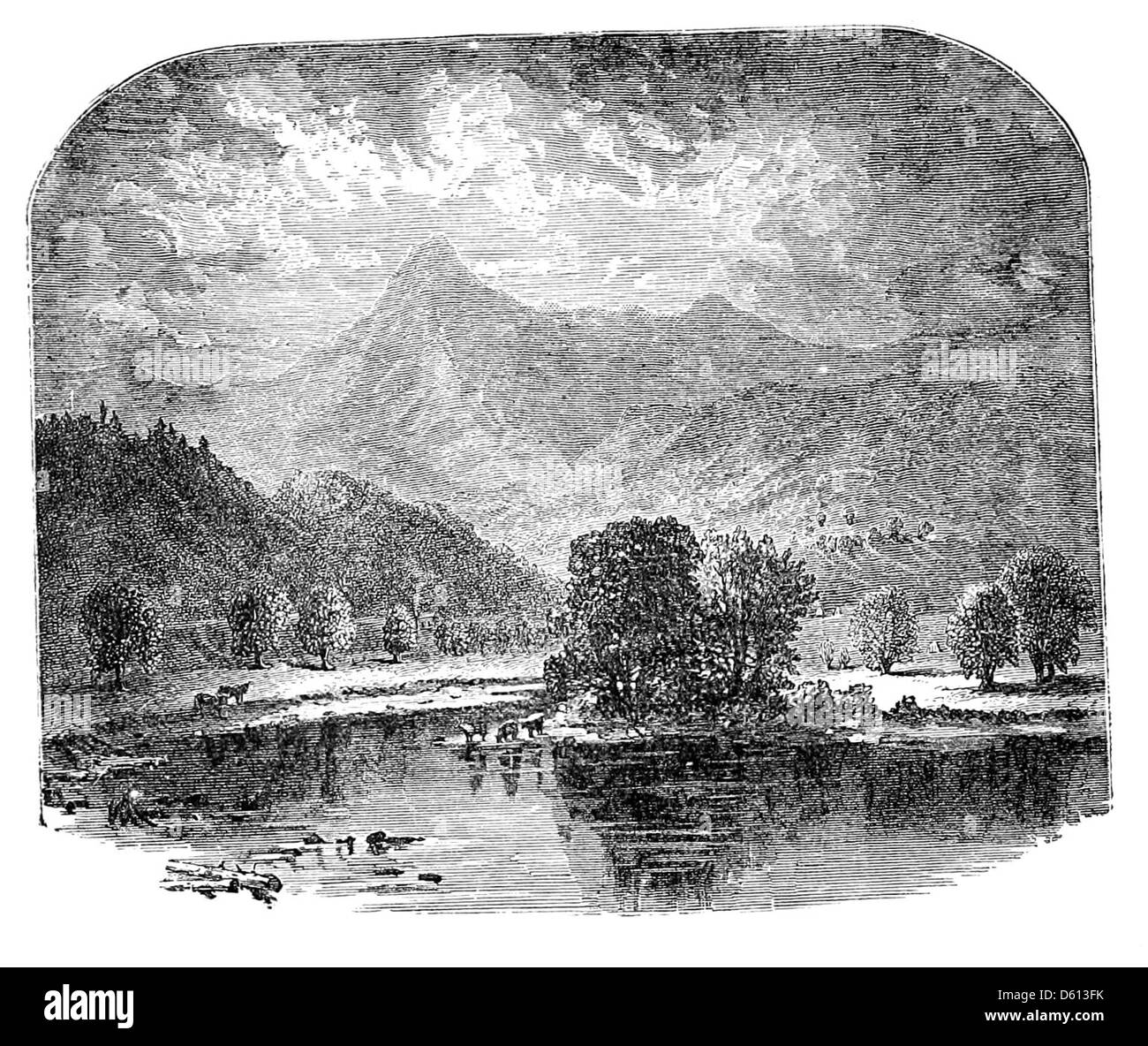 Un'illustrazione tratta da "A Festival of Song" (1876), raffigurante montagne spettacolari e panorami panoramici. L'immagine mette in evidenza la ricchezza culturale e artistica della poesia inglese, abbinata a paesaggi panoramici. Foto Stock