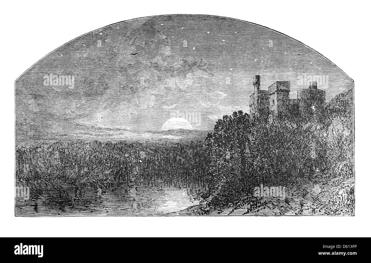 Questa immagine del 1876 evoca una scena romantica di un festival di canzoni, ambientato sullo sfondo di un castello al chiaro di luna, catturando l'eleganza e l'atmosfera di un evento culturale con famosi poeti. Foto Stock