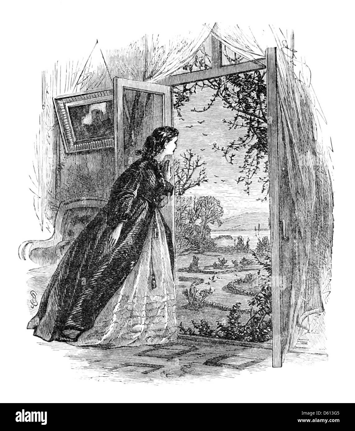 Questa immagine tratta da "A Festival of Song" (1876) raffigura un ambiente serale con finestre francesi aperte, che invita l'atmosfera del mondo esterno. La scena è probabilmente parte di un raduno poetico o di un recital con i più grandi poeti inglesi del tempo. Foto Stock