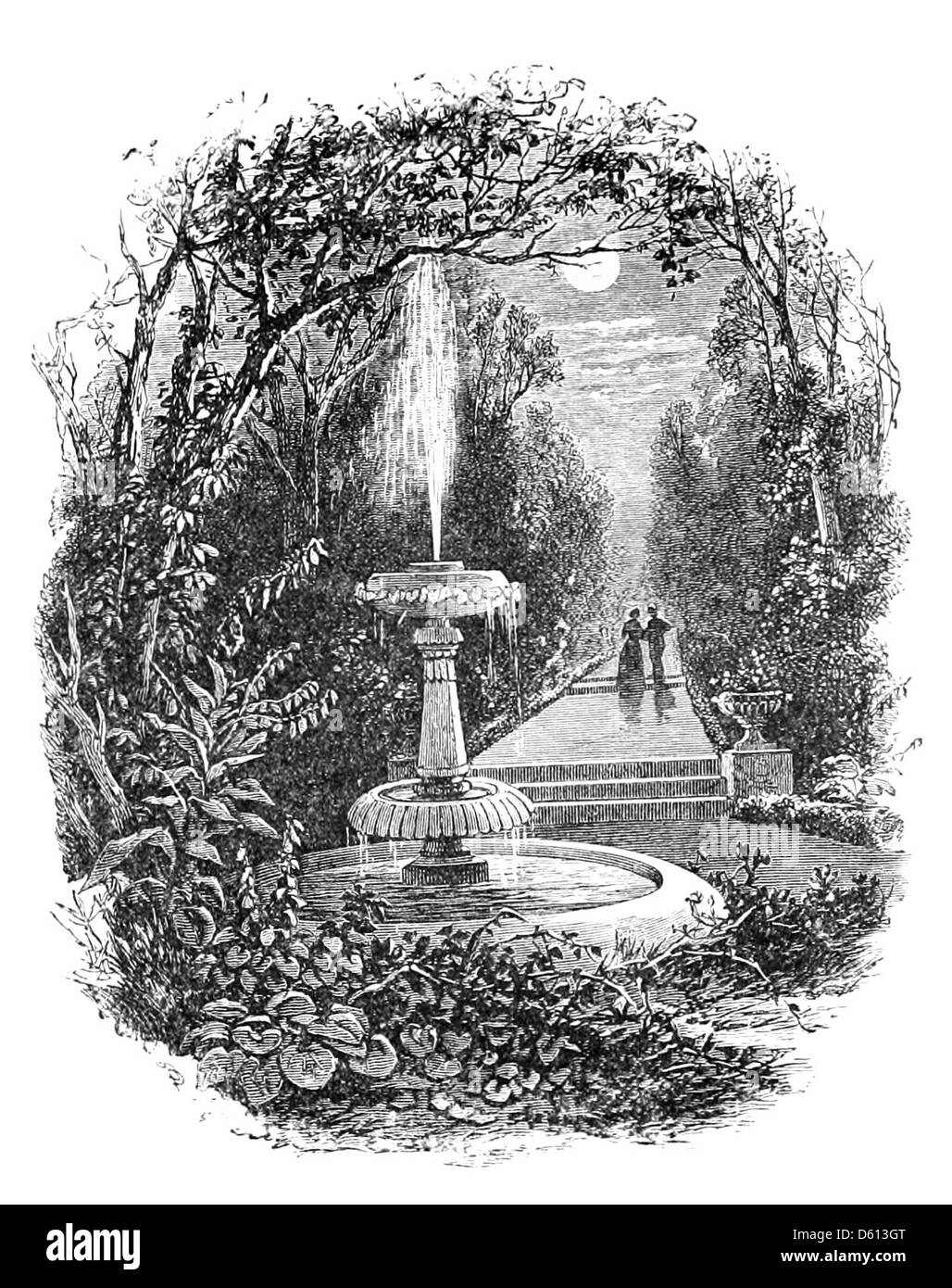 Questa immagine illustra una scena romantica di "A Festival of Song" (1876), con un giardino formale con una fontana e la luce della luna. La scena evoca un senso di romanticismo, ambientato in un elegante ambiente all'aperto, probabilmente celebrando la poesia e le arti Foto Stock
