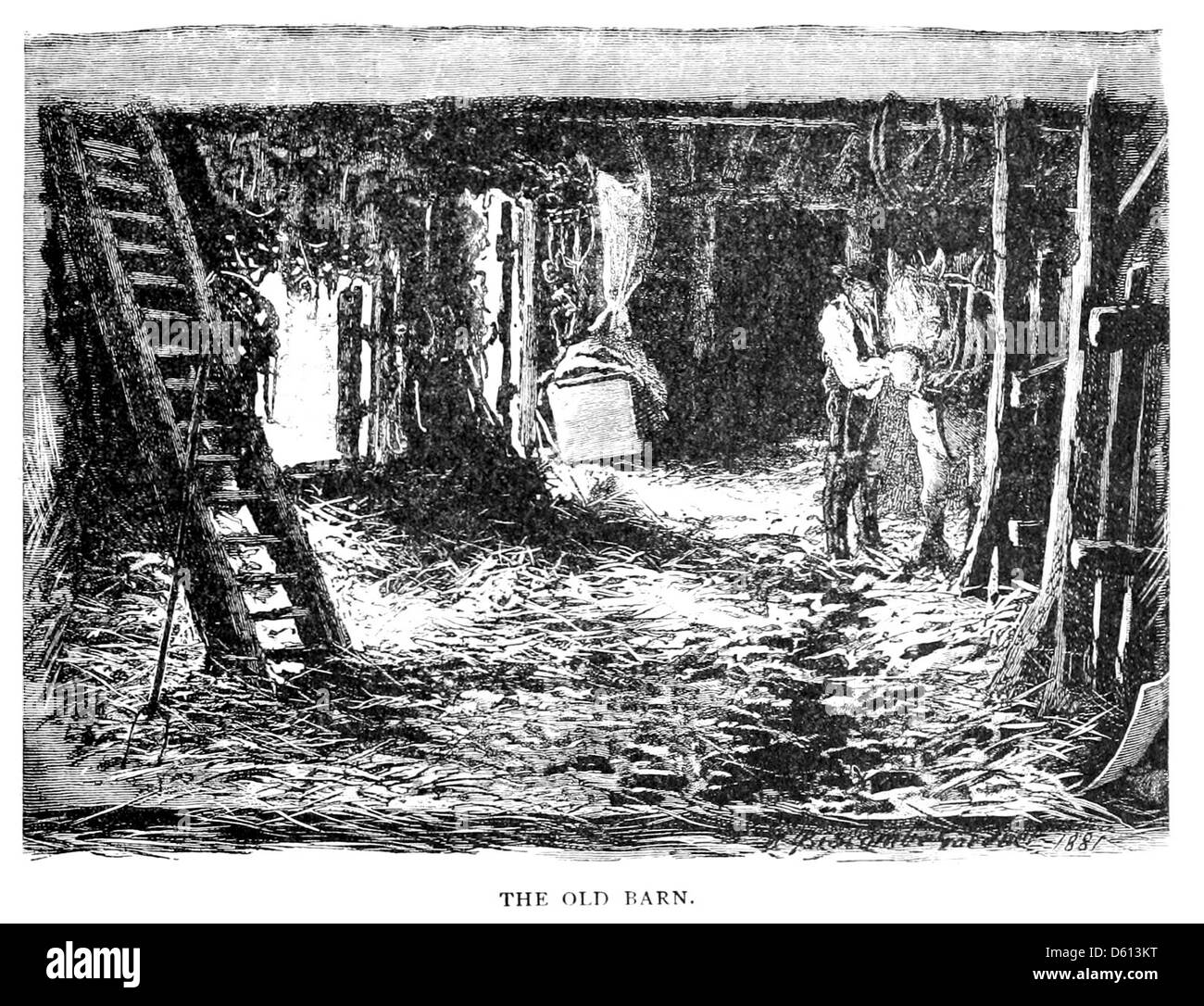 Una fotografia del 1884 che cattura una famiglia che vola intorno alla propria casa, probabilmente in un ambiente rurale, con un fienile sullo sfondo, che riflette le prime tecniche fotografiche nell'America rurale. Foto Stock