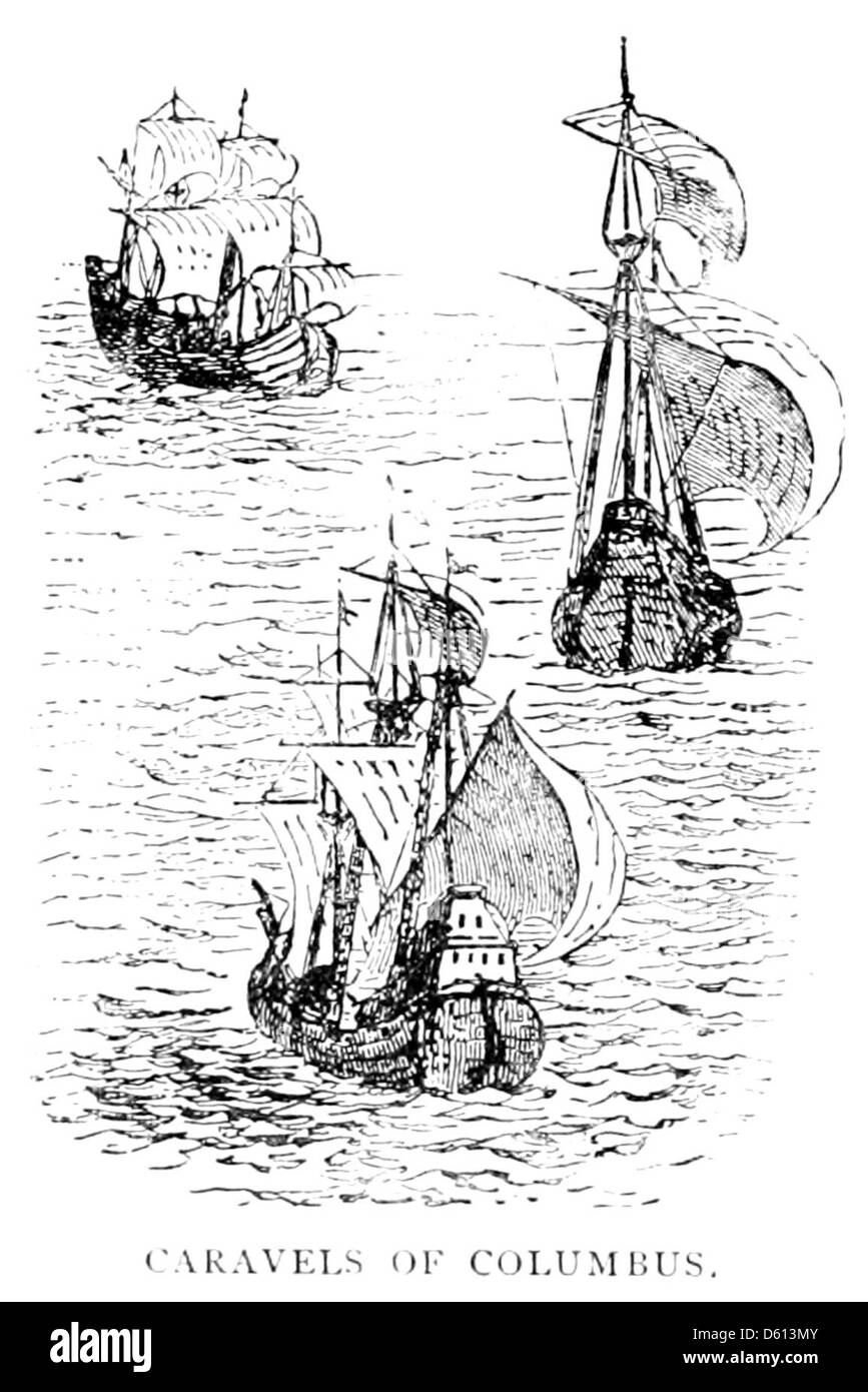 Questa immagine del 1884 mostra una famiglia che vola su una caravella, un tipo di piccola nave, spesso monoalbero, popolare durante l'era dell'esplorazione. Il volo è intorno alla loro casa, suggerendo un viaggio aereo precoce o una rappresentazione metaforica. Foto Stock