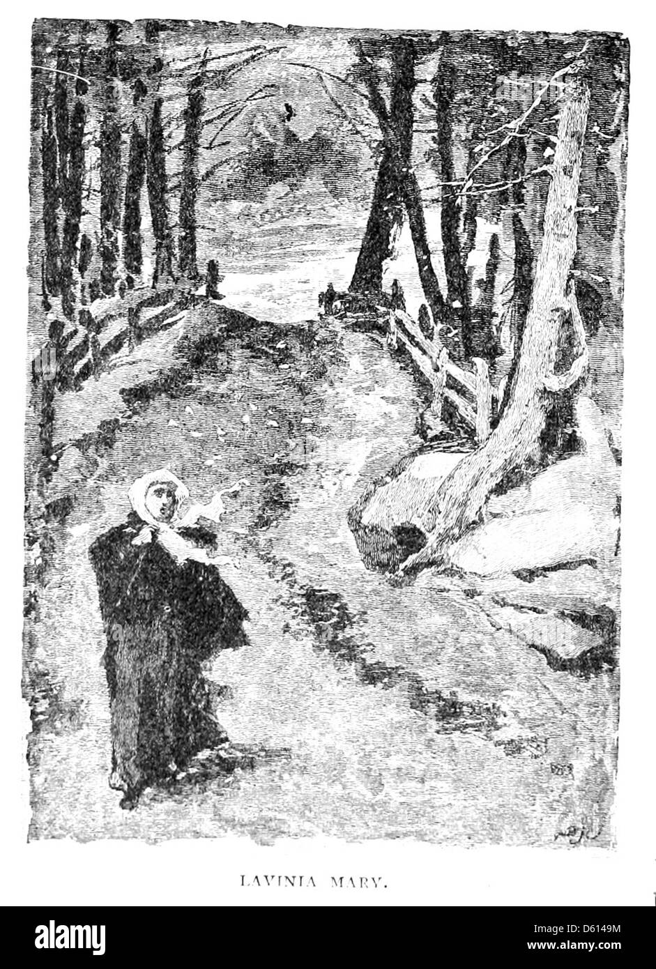 Questa fotografia del 1884 mostra una famiglia con abiti caldi, che naviga in una tempesta di neve. La scena raffigura un impegnativo viaggio invernale, con un sentiero lasciato nella neve e una tipica gita in famiglia del XIX secolo in condizioni meteorologiche avverse. Foto Stock