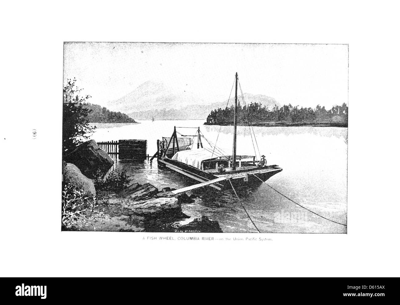 Un'immagine promozionale del 1891 che mette in risalto i resort occidentali accessibili tramite la Union Pacific Railroad, con il fiume Columbia e le sue iconiche ruote per pesci, utilizzate per la pesca nel fiume. Foto Stock