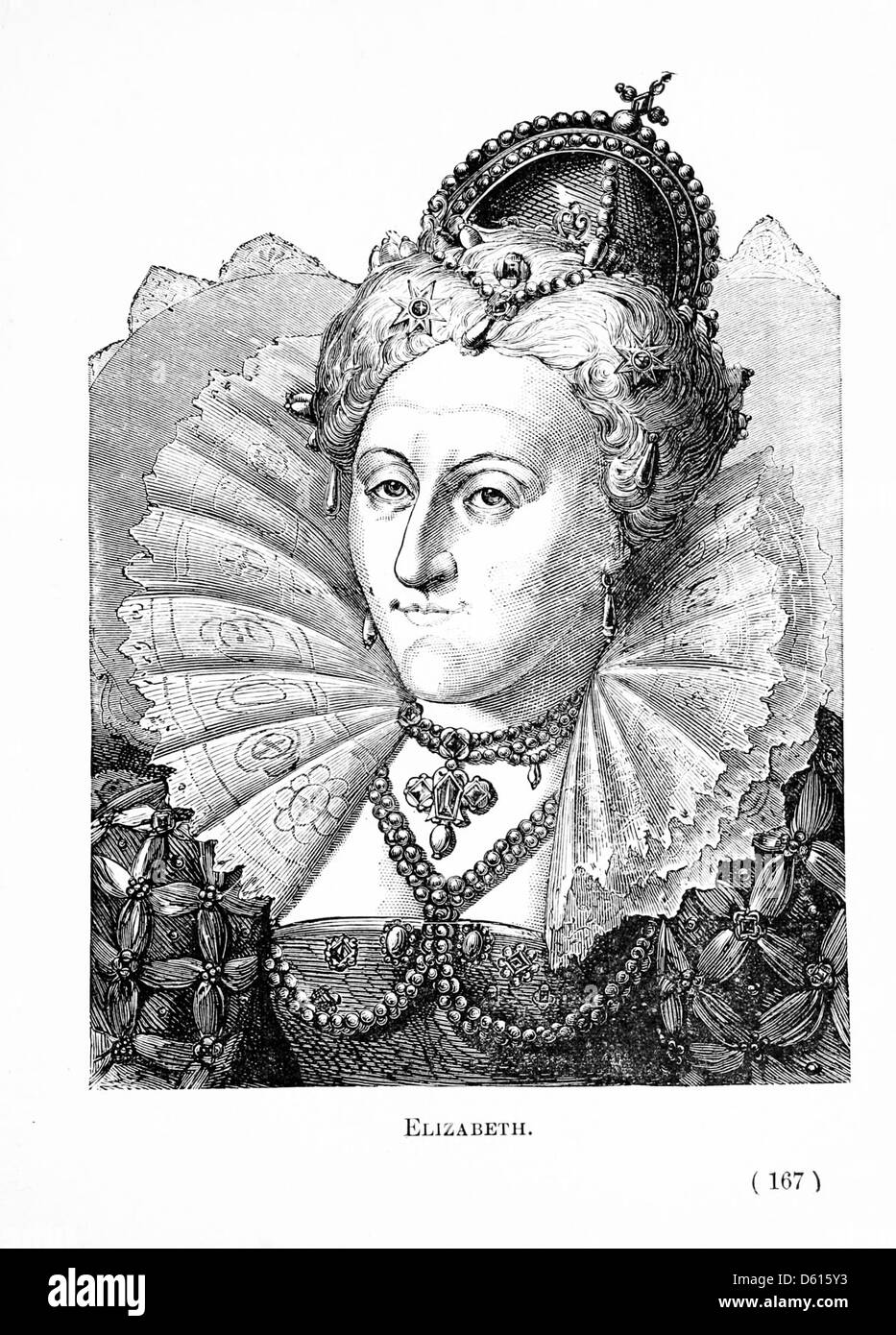 Un'illustrazione tratta da "A Child's History of England" (1897), raffigurante la regina Elisabetta i, l'iconico monarca inglese. L'immagine semplifica la sua rappresentazione per i lettori più giovani, evidenziando il suo ruolo nel plasmare la storia inglese durante l'era elisabettiana, in particolare il significato del suo regno nella cultura e nella politica inglese. Foto Stock