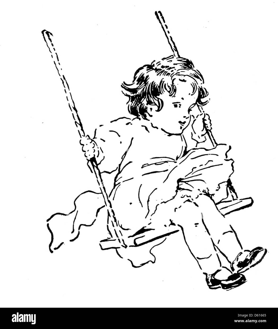 Questa immagine è tratta da A Child's Garden of Verses (1905), illustrato da Betsy Collins Pease. L'illustrazione probabilmente presenta bambini che giocano su un swing, un tema comune nel libro che cattura l'innocenza e la gioia dell'infanzia. Foto Stock