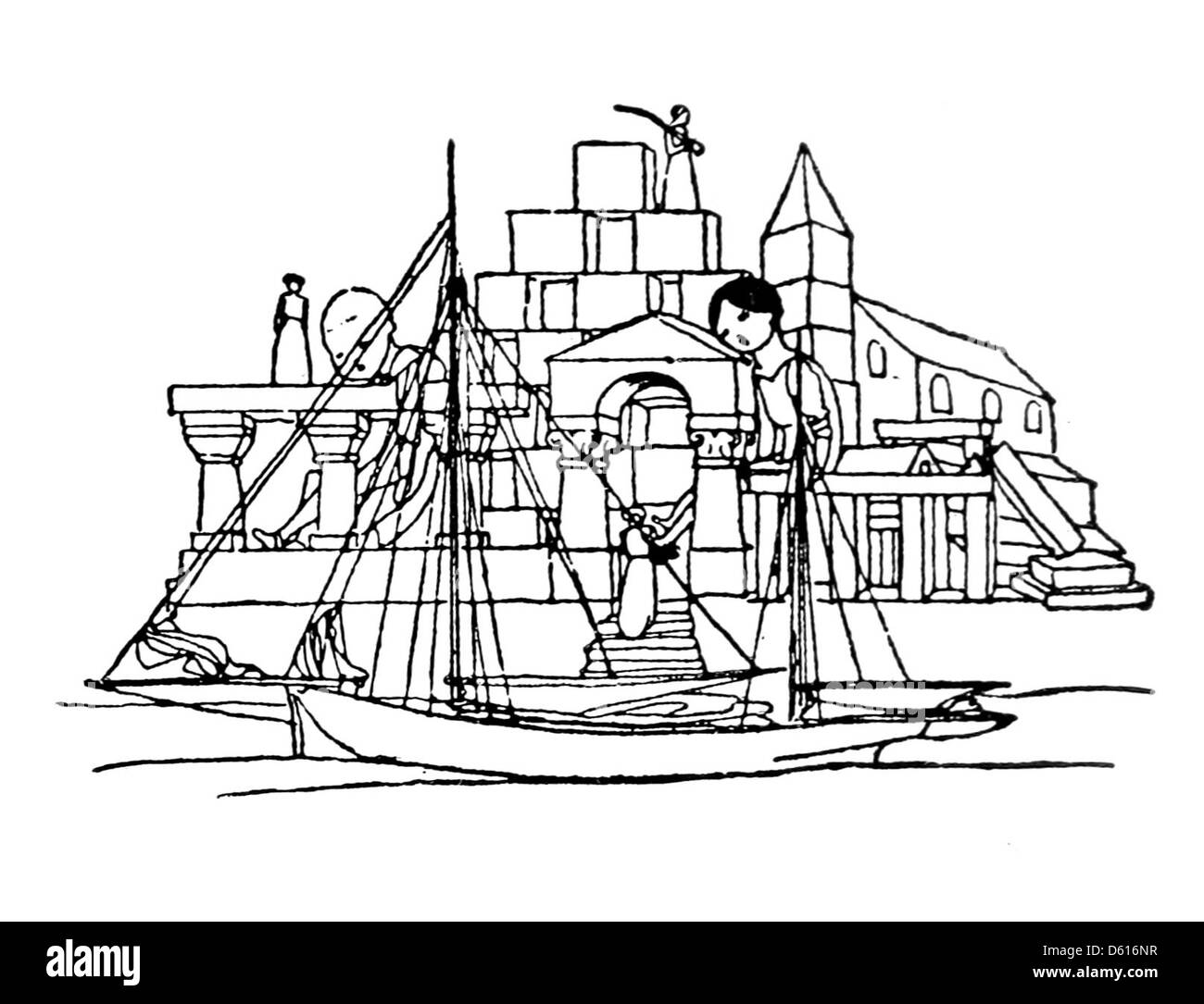 Questa edizione del 1913 di "Un giardino dei versi per bambini" include illustrazioni giocose e raffigurazioni di blocchi di giocattoli, che riflettono l'innocenza e la creatività dell'infanzia. L'opera d'arte aggiunge fascino alle amate poesie di Robert Louis Stevenson. Foto Stock