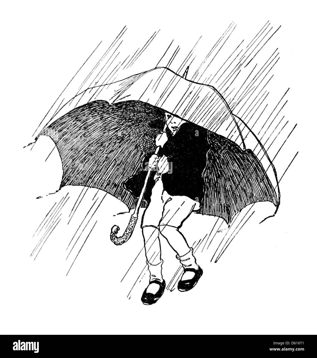 Un'illustrazione tratta da "Un giardino dei versi per bambini" (1905), raffigurante un bambino che tiene un ombrello sotto la pioggia. L'immagine cattura un momento tenero dell'infanzia in mezzo al tempo, trasmettendo temi di protezione e comfort. Foto Stock