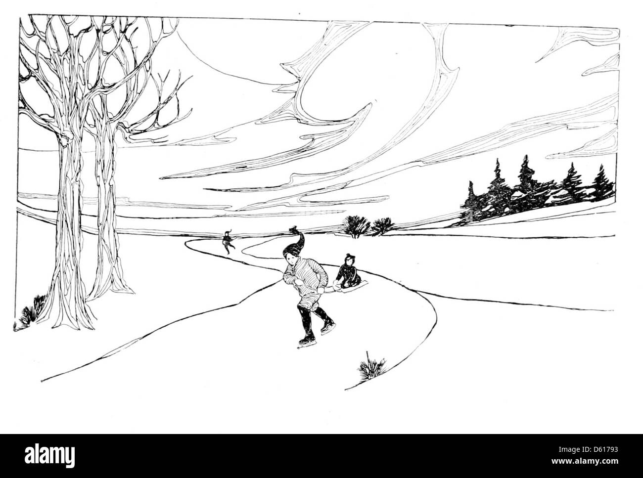 Questa illustrazione del 1908 tratta da "un giardino dei versi per bambini" di Robert Louis Stevenson raffigura una scena di pattinaggio su ghiaccio, un popolare passatempo invernale. L'immagine cattura la gioia e la giocosità dell'infanzia durante i mesi invernali. Foto Stock