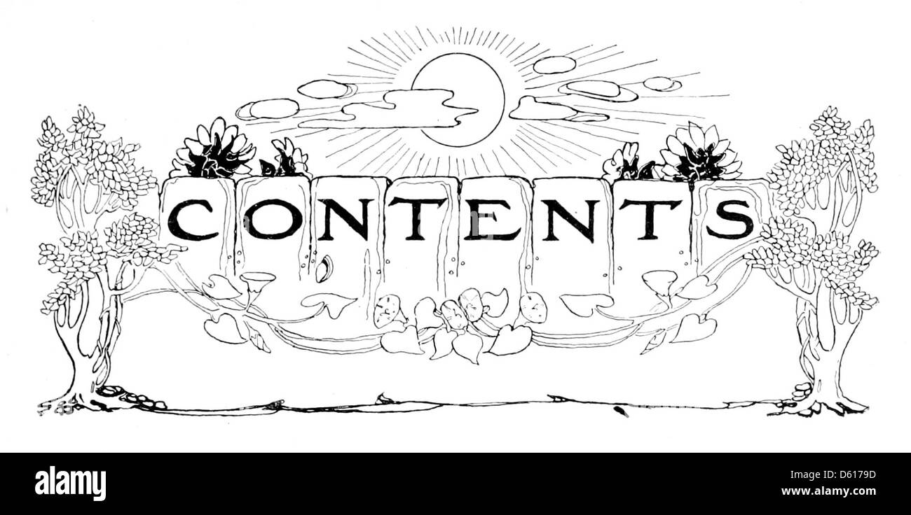 L'edizione 1908 di "A Child's Garden of Verses" presenta la pagina dei contenuti, che elenca le poesie e le storie trovate all'interno di questa amata collezione per bambini di Robert Louis Stevenson. Presenta la tipografia e il design dei primi anni del XX secolo, sottolineando il fascino e la semplicità delle opere originali. Foto Stock