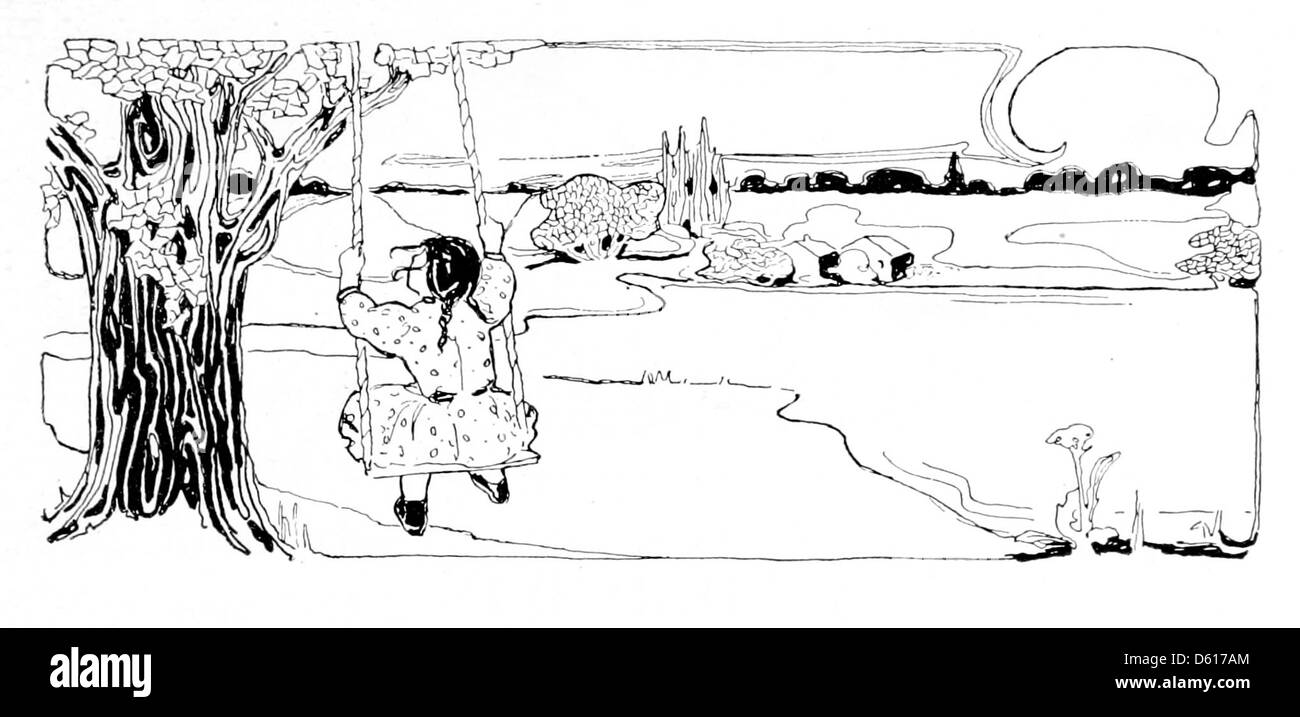 Un'illustrazione tratta da "A Child's Garden of Verses" (1908), che mostra un bambino che gioca su un'altalena. Questa immagine riflette l'innocenza e lo spirito spensierato dell'infanzia, un tema centrale della raccolta di poesie di Robert Louis Stevenson. Foto Stock