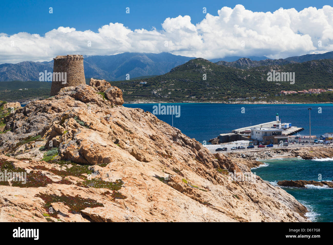 Francia, Corsica, la Balagne, Ile Rousse, Ile de la Pietra isola, torre genovese Foto Stock