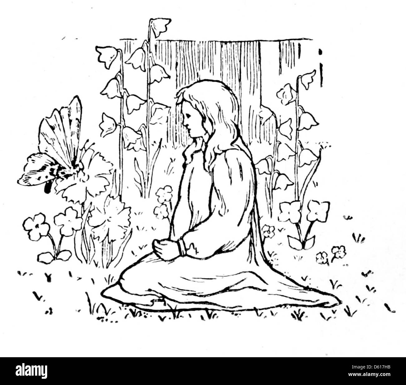 Un'illustrazione tratta da "A Child's Garden of Verses" (1902), con una farfalla che cattura l'essenza della meraviglia dell'infanzia. Foto Stock