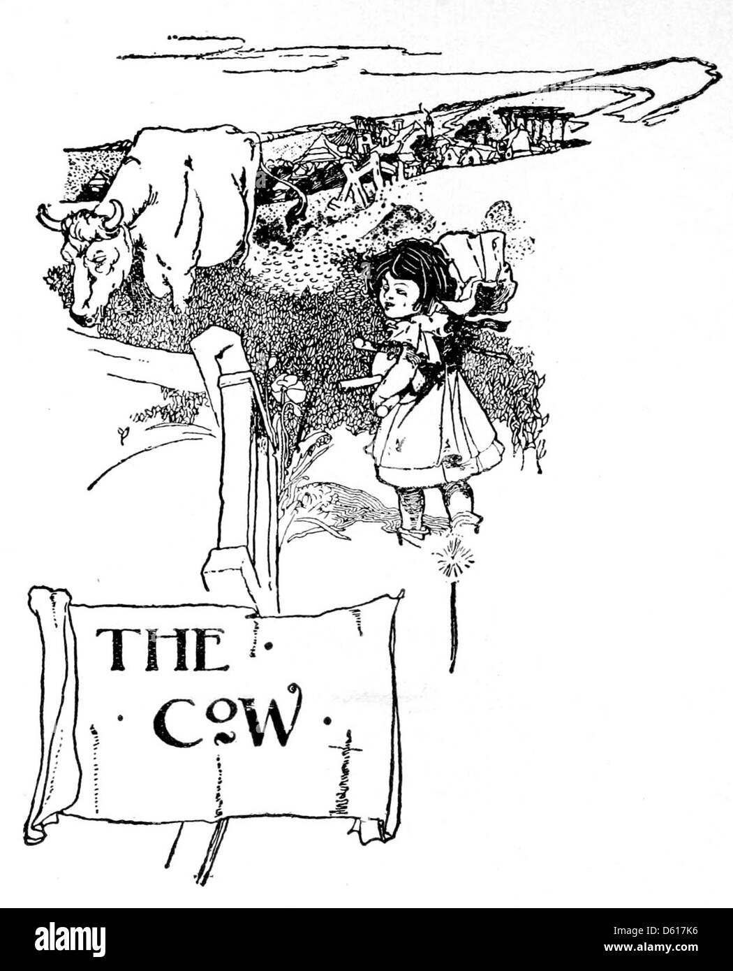 Un'illustrazione tratta da "A Child's Garden of Verses" (1902), raffigurante una mucca, che riflette la semplicità dell'infanzia in natura. Foto Stock