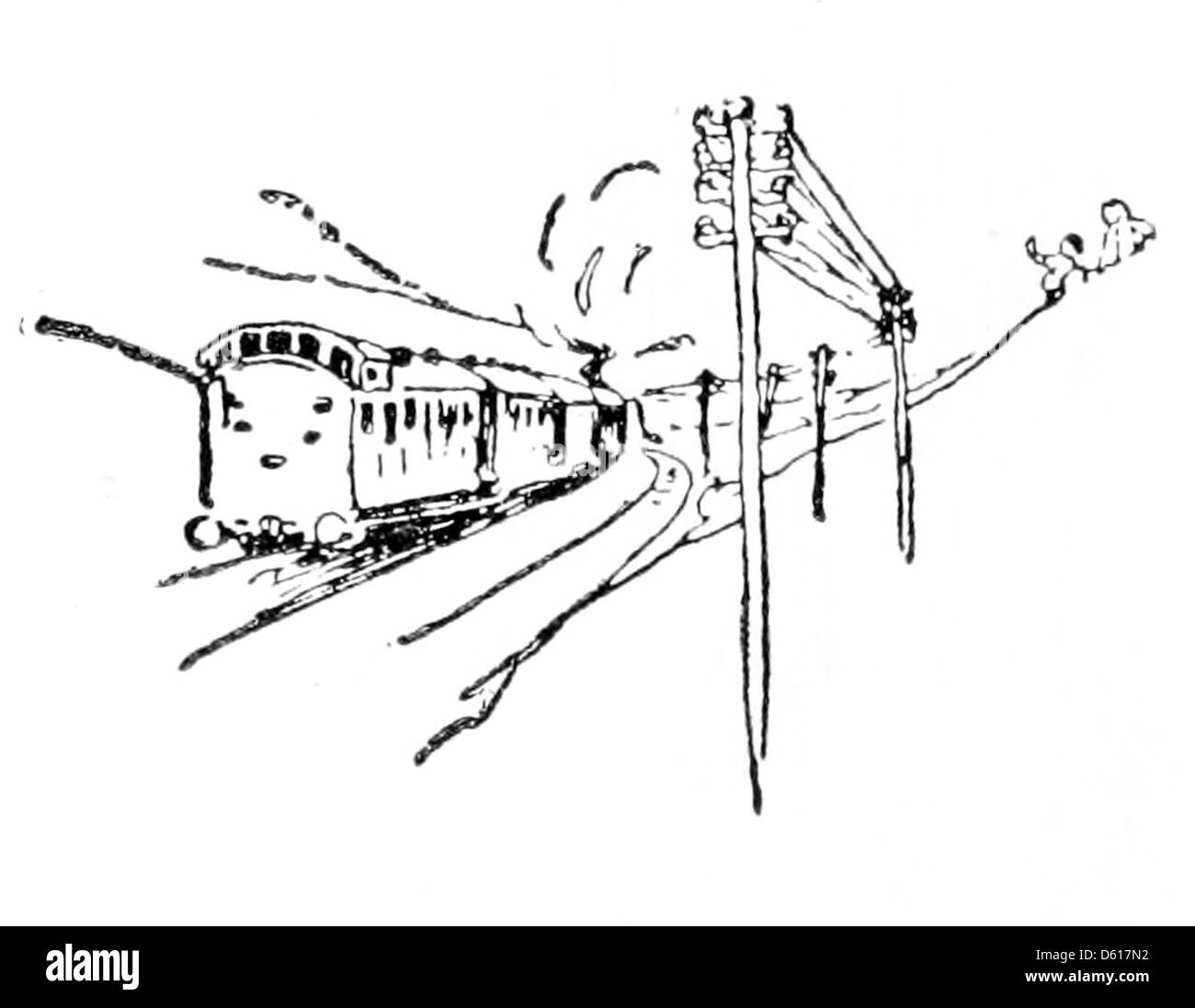 Un'illustrazione tratta da "Un giardino dei versi per bambini" (1902), che mostra un treno, forse raffigurante il passare del tempo o un viaggio. L'immagine cattura il fascino infantile dei treni e il loro ruolo nelle storie di avventura e viaggio. Foto Stock