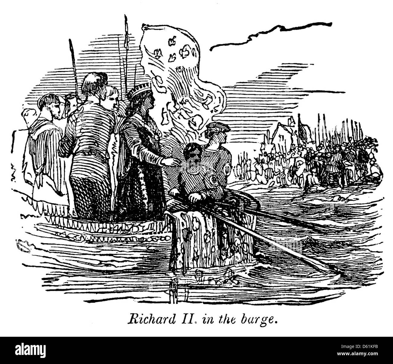 Un'illustrazione tratta da Una storia pittorica dell'Inghilterra, che mostra una chiatta del regno di Riccardo II. Questa immagine cattura i metodi di trasporto storici utilizzati durante l'Inghilterra medievale. Foto Stock