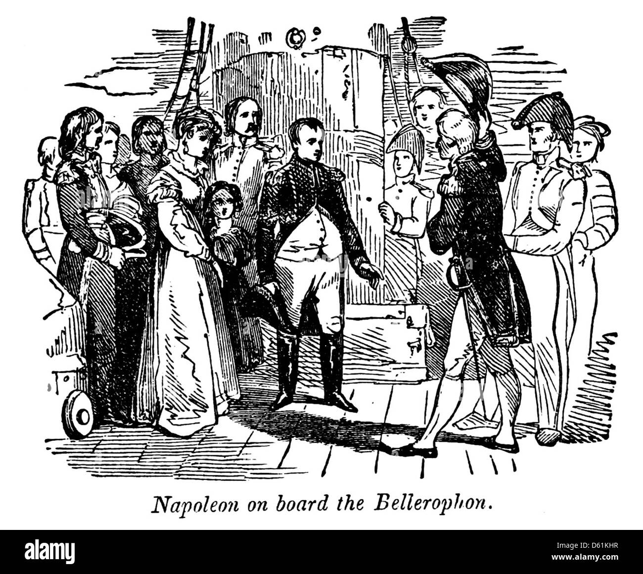 Questa pubblicazione del 1854 raffigura Napoleone Bonaparte a bordo della HMS Bellerophon dopo la sua sconfitta, offrendo un resoconto visivo di questo significativo momento storico delle guerre napoleoniche. Foto Stock
